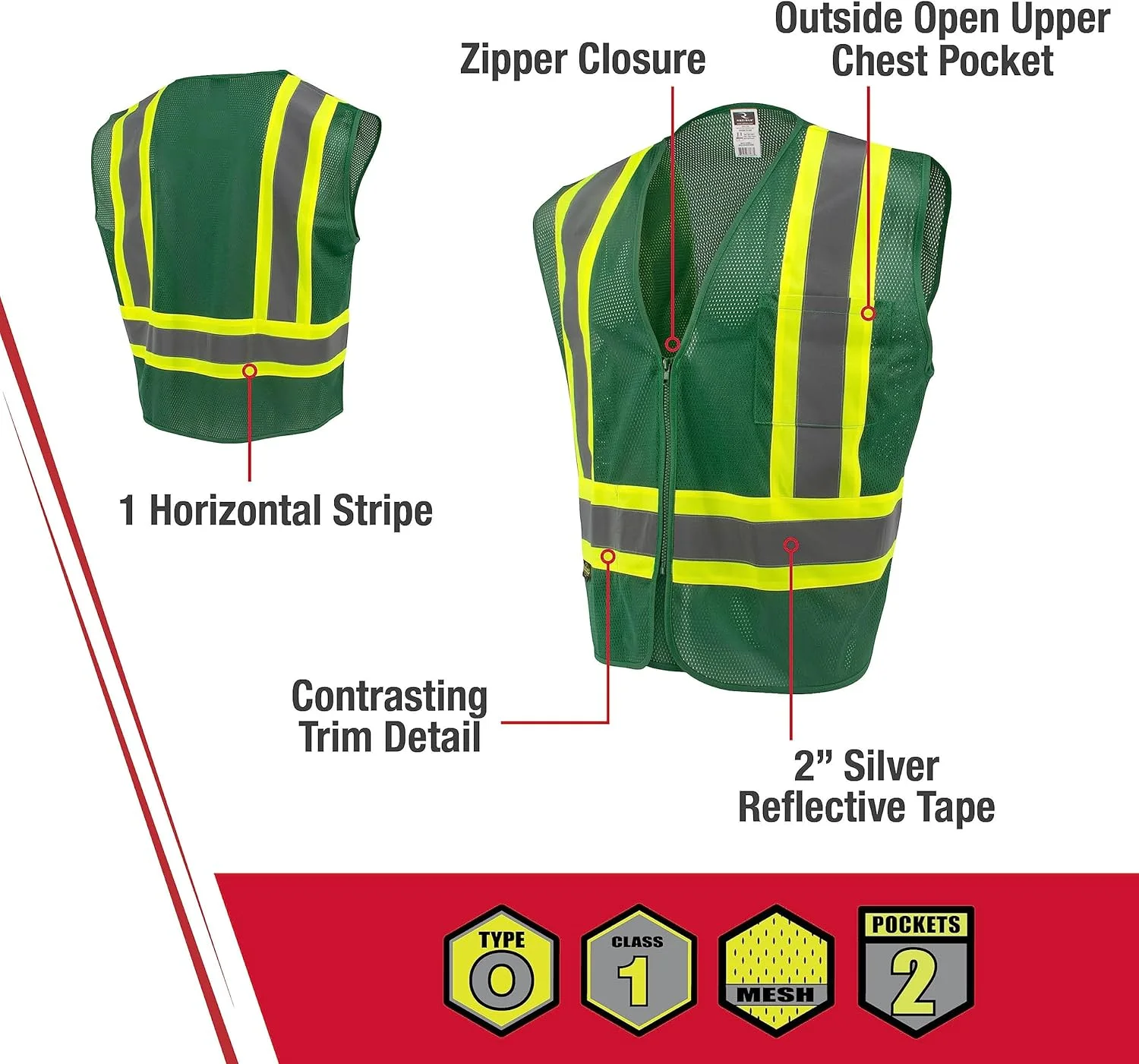 جلیقه ایمنی اقتصادی Radians SV22-1 نوع O کلاس 1، سایز 2X-Large، توری سبز شکارچی با نوار متضاد - 1 عدد جلیقه ایمنی اقتصادی Radians SV22-1 نوع O کلاس 1، سایز 2X-Large، توری سبز شکارچی با نوار متضاد - 1 عدد