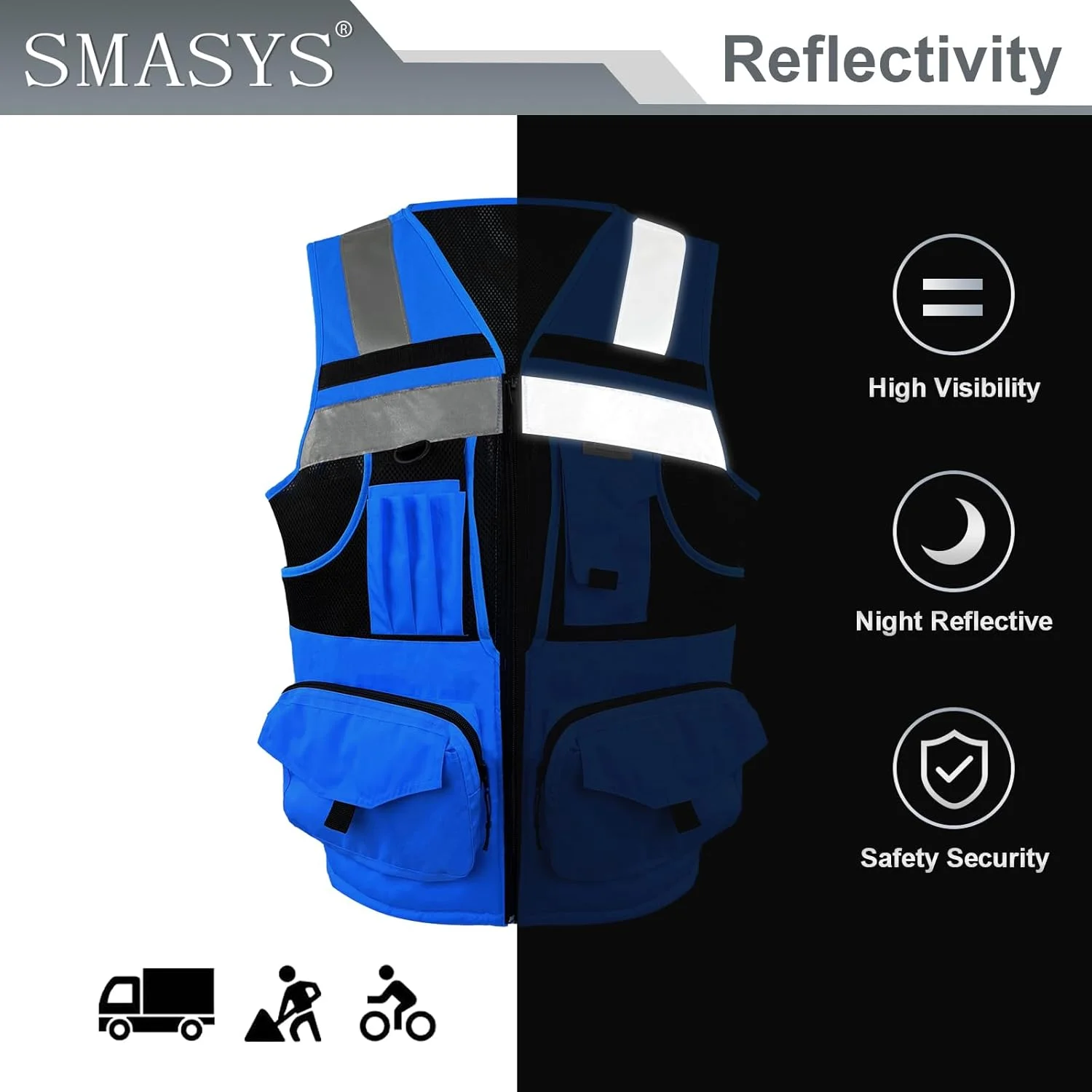 جلیقه ایمنی دید بالا SMASYS با نوار بازتابنده 3M، بافتنی و پارچه آکسفورد با جیب، لباس کار ساختمانی چند منظوره