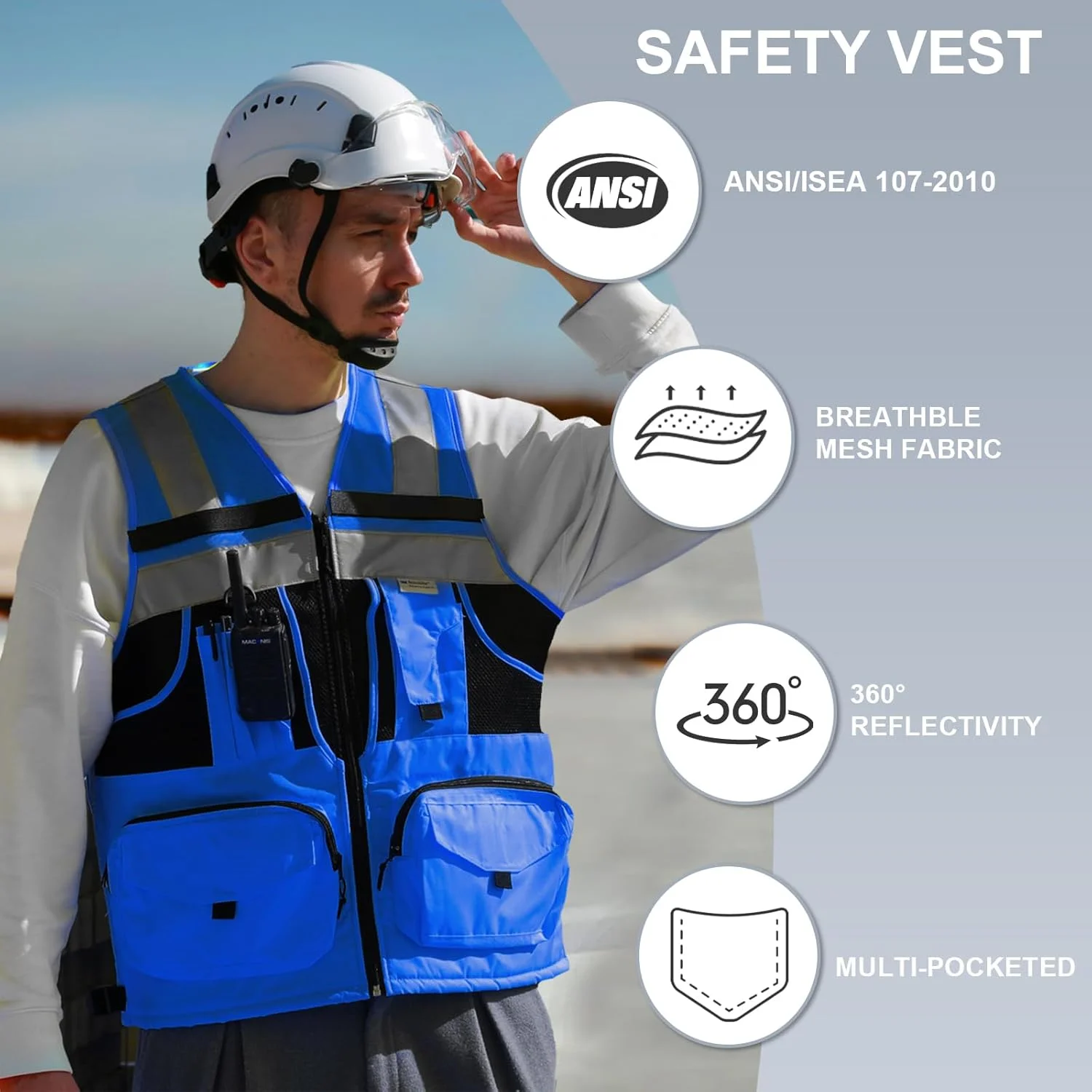 جلیقه ایمنی دید بالا SMASYS با نوار بازتابنده 3M، بافتنی و پارچه آکسفورد با جیب، لباس کار ساختمانی چند منظوره
