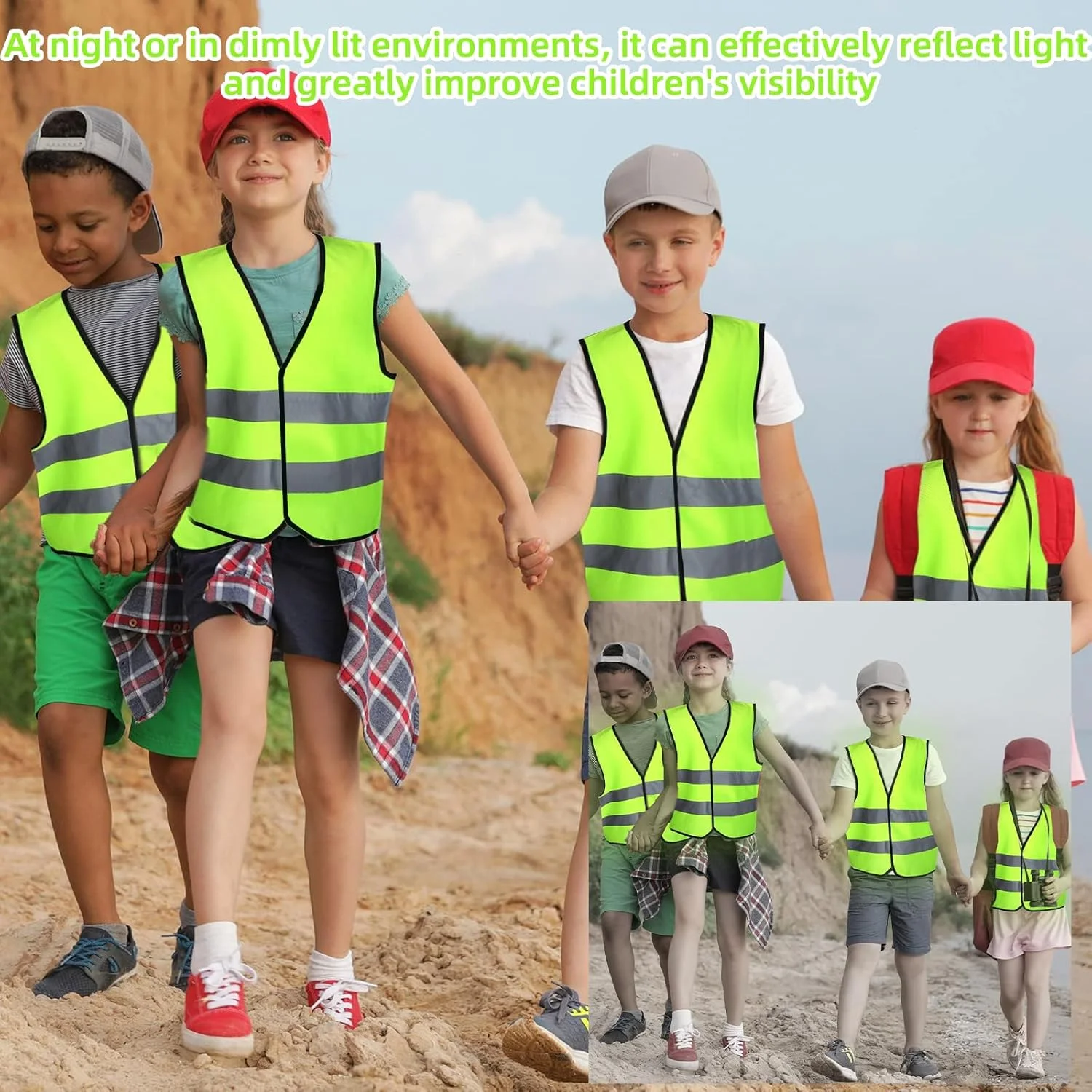 ست 2 عددی جلیقه ایمنی دید بالا، جلیقه های دید بالا برای کودکان، جلیقه دید بالا برای کودکان با نوارهای بازتابنده، جلیقه ایمنی مدرسه برای کودکان دختر و پسر، مناسب برای دوچرخه سواری شبانه، دویدن، رویدادهای عصرانه (L)
