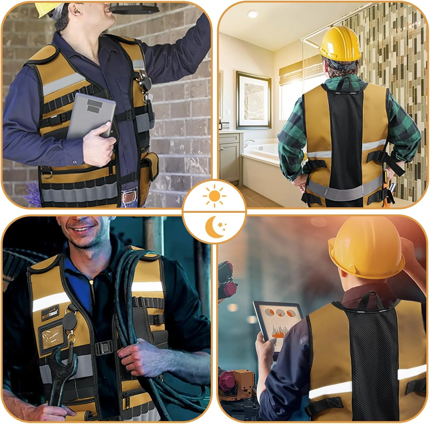 جلیقه ابزار MELOTOUGH، جلیقه کار ایمنی با بندهای قابل تنظیم، جای تلفن قابل جابجایی برای برقکاران، ساخت و ساز، نجارها