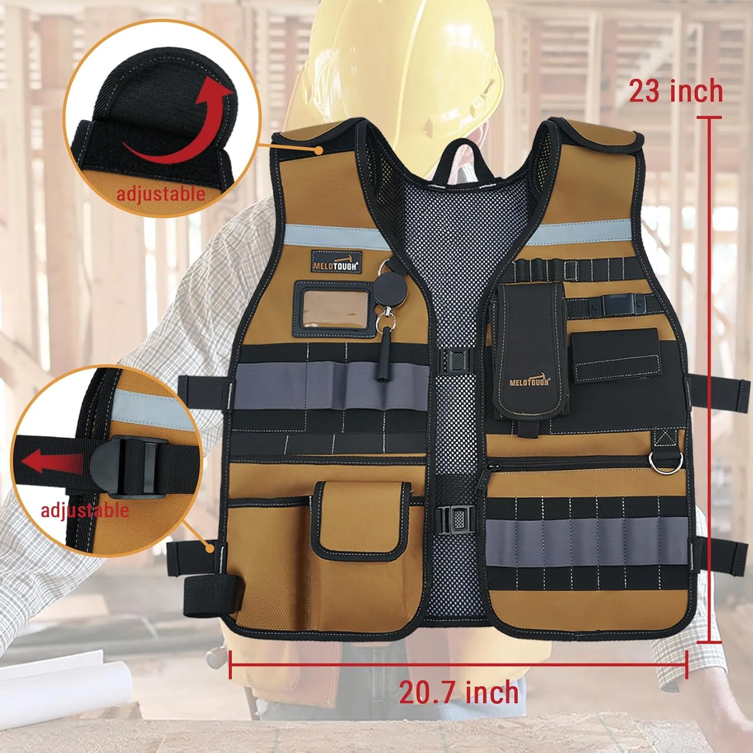 جلیقه ابزار MELOTOUGH، جلیقه کار ایمنی با بندهای قابل تنظیم، جای تلفن قابل جابجایی برای برقکاران، ساخت و ساز، نجارها