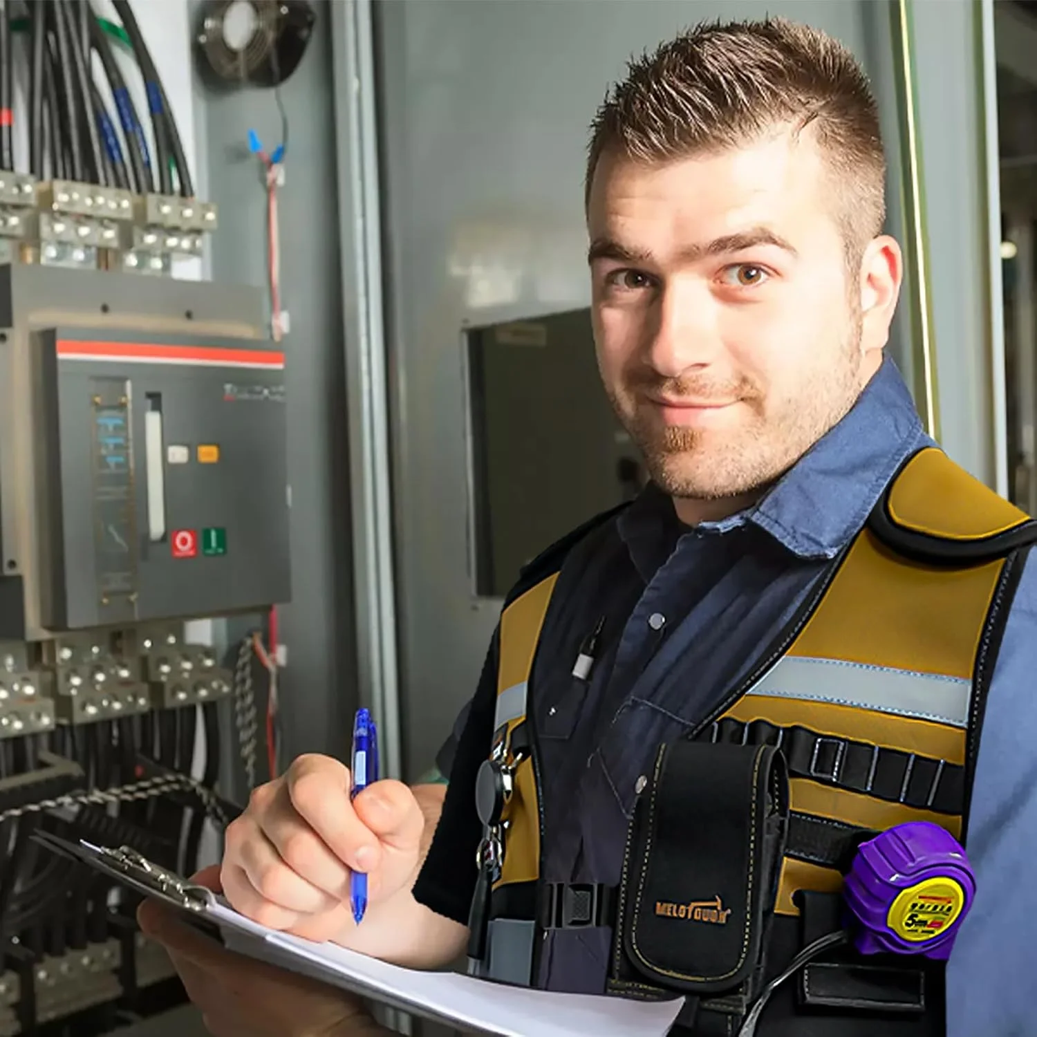 جلیقه ابزار MELOTOUGH، جلیقه کار ایمنی با بندهای قابل تنظیم، جای تلفن قابل جابجایی برای برقکاران، ساخت و ساز، نجارها