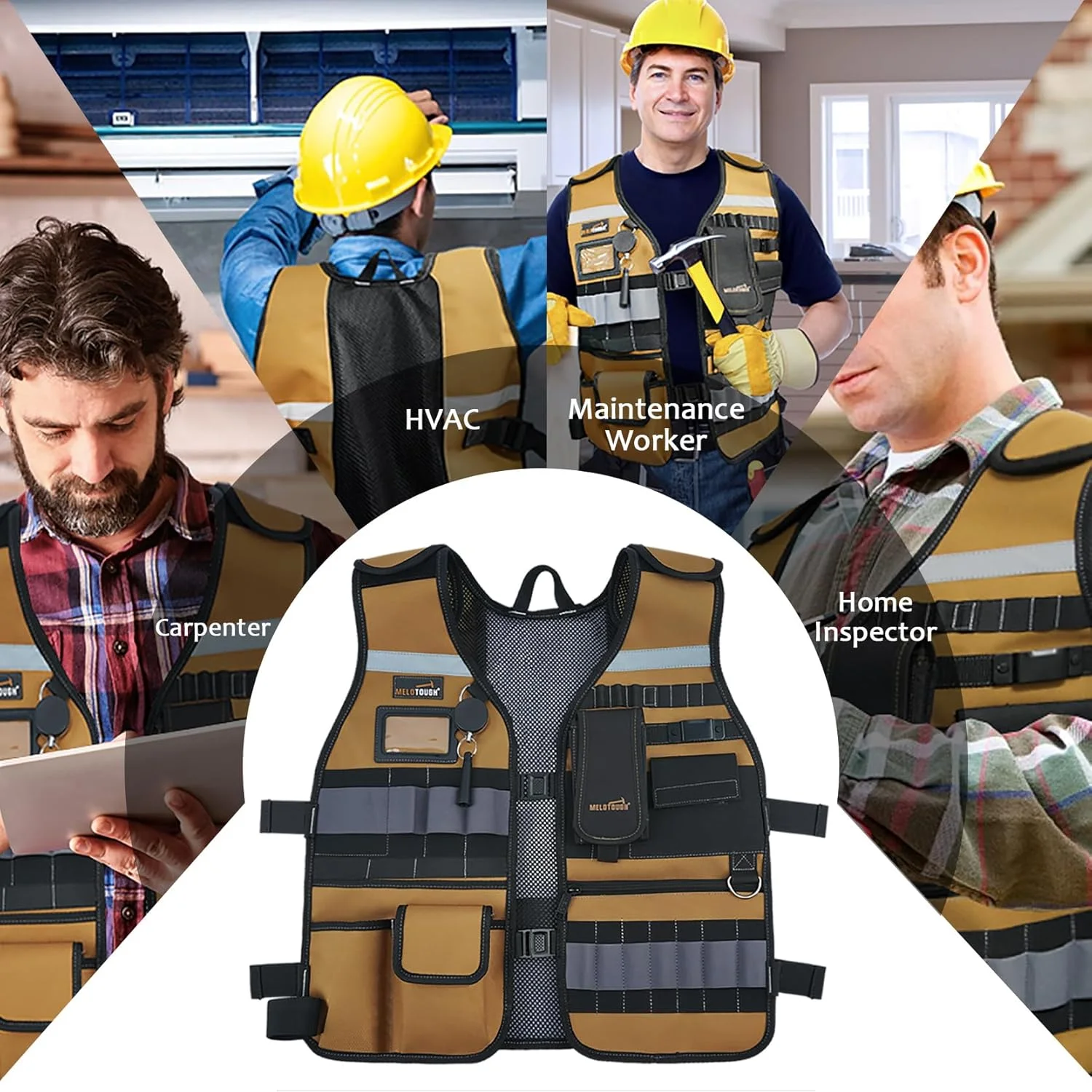 جلیقه ابزار MELOTOUGH، جلیقه کار ایمنی با بندهای قابل تنظیم، جای تلفن قابل جابجایی برای برقکاران، ساخت و ساز، نجارها