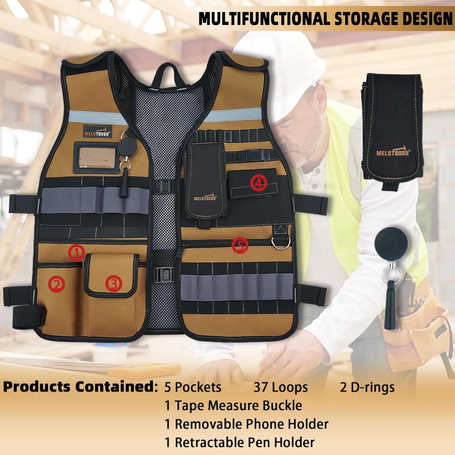 جلیقه ابزار MELOTOUGH، جلیقه کار ایمنی با بندهای قابل تنظیم، جای تلفن قابل جابجایی برای برقکاران، ساخت و ساز، نجارها