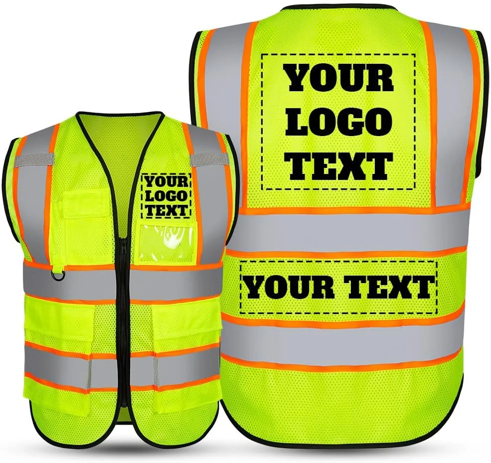 جلیقه ایمنی بازتابنده سفارشی با دید بالا، کلاس 2، دارای 5 جیب و زیپ