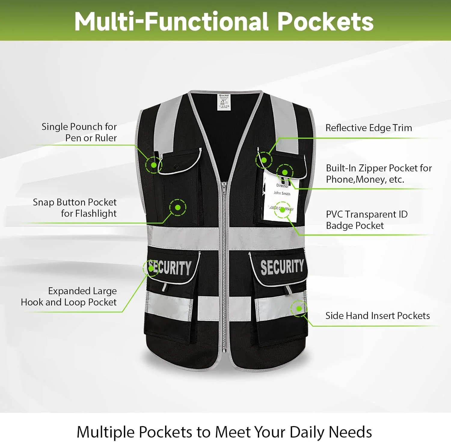 Uno Mejor Security Vest for Men & Women 9 Pockets, High Visibility Vest for Traffic Controllers