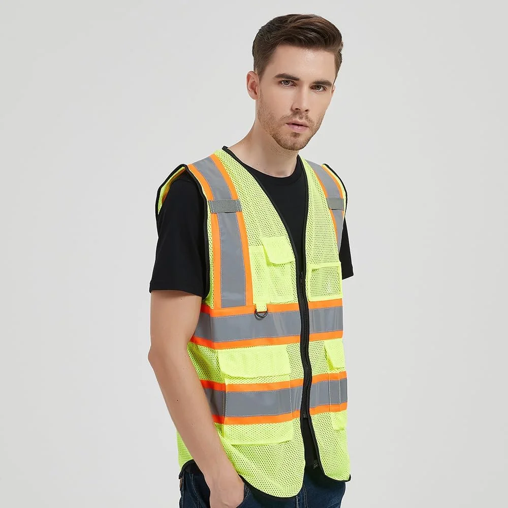 جلیقه ایمنی بازتابنده سفارشی با دید بالا، کلاس 2، دارای 5 جیب و زیپ