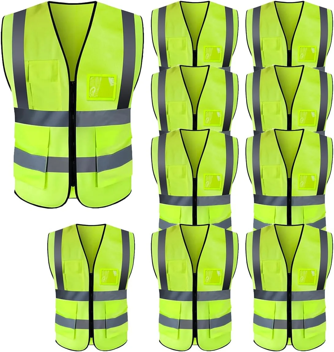 جلیقه ایمنی اکو کر - جلیقه بازتابنده با دید بالا، ژاکت ایمنی هشدار روز و شب با زیپ و 4 جیب (بسته 10 عددی)