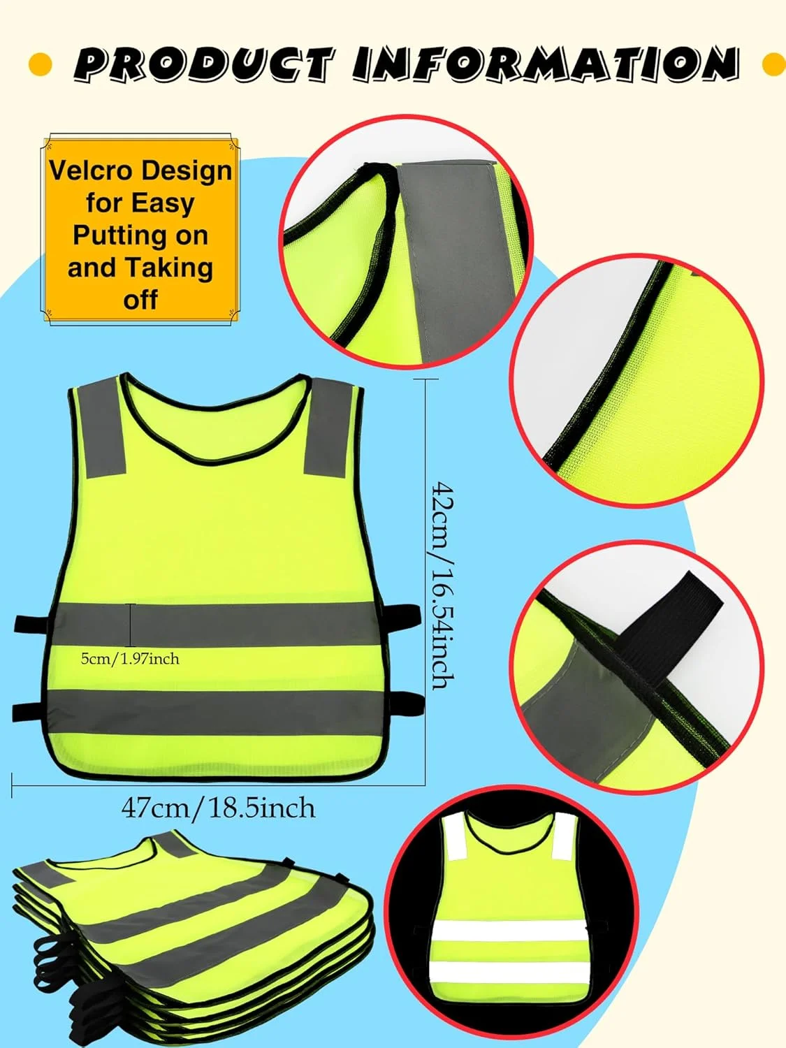 ست 6 عددی جلیقه شبرنگ بچگانه، جلیقه های دید بالا برای کودکان، جلیقه ایمنی ترافیکی کودکانه با نوارهای بازتابنده برای فعالیت های خارج از منزل پسران و دختران، چند رنگ، سایز یکسان