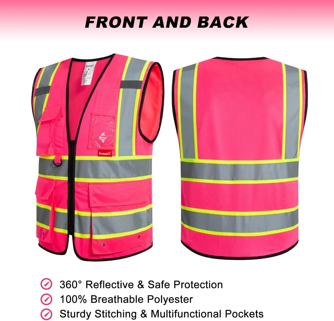 جلیقه ایمنی 9 جیب ProtectX برای مردان و زنان، جلیقه بازتابنده دید بالا برای کار ساختمانی کلاس 2