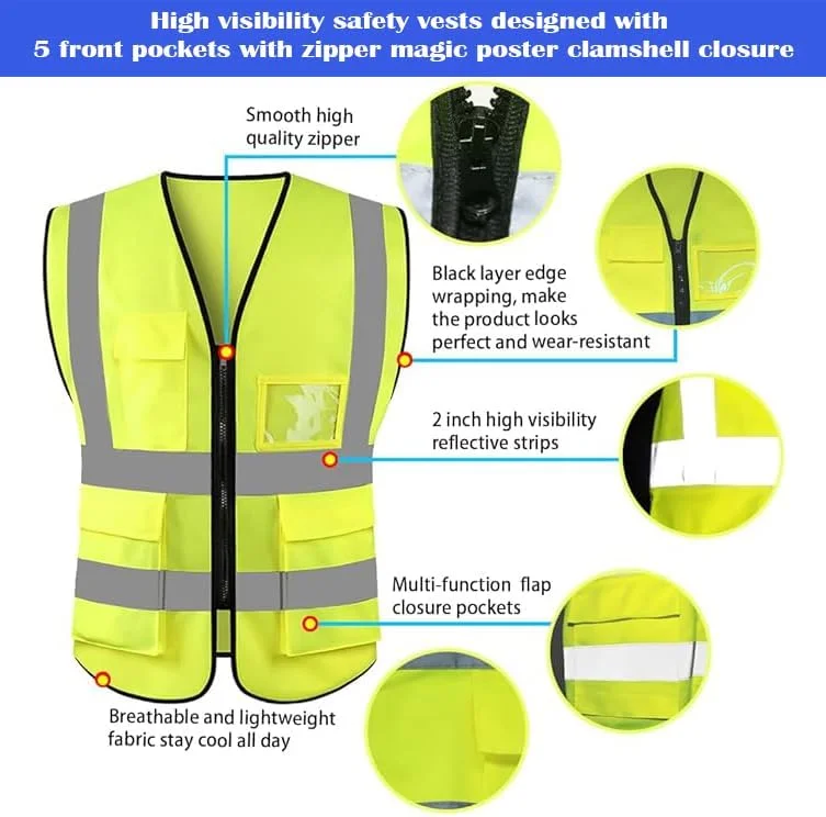 جلیقه ایمنی اکو کر - جلیقه بازتابنده با دید بالا، ژاکت ایمنی هشدار روز و شب با زیپ و 4 جیب (بسته 10 عددی)