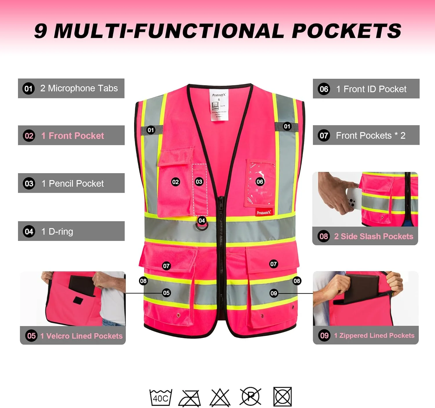 جلیقه ایمنی 9 جیب ProtectX برای مردان و زنان، جلیقه بازتابنده دید بالا برای کار ساختمانی کلاس 2