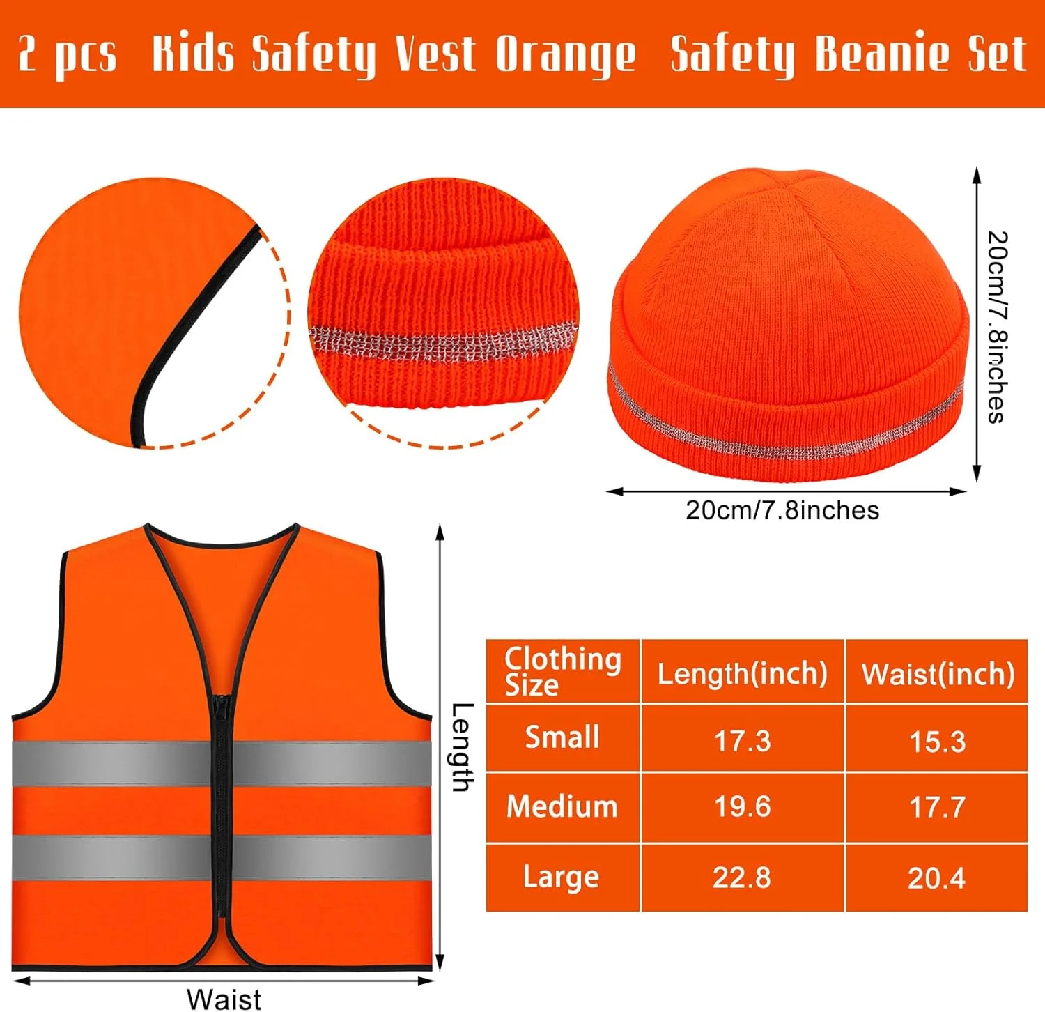 ست جلیقه شکار نارنجی و کلاه بافتنی برای کودکان (2 تکه) لباس شکار بازتابنده با دید بالا جلیقه های ایمنی نارنجی آتشین برای ساخت و ساز، لباس دویدن، پیاده روی شبانه، پیاده روی، پسران و دختران در فضای باز