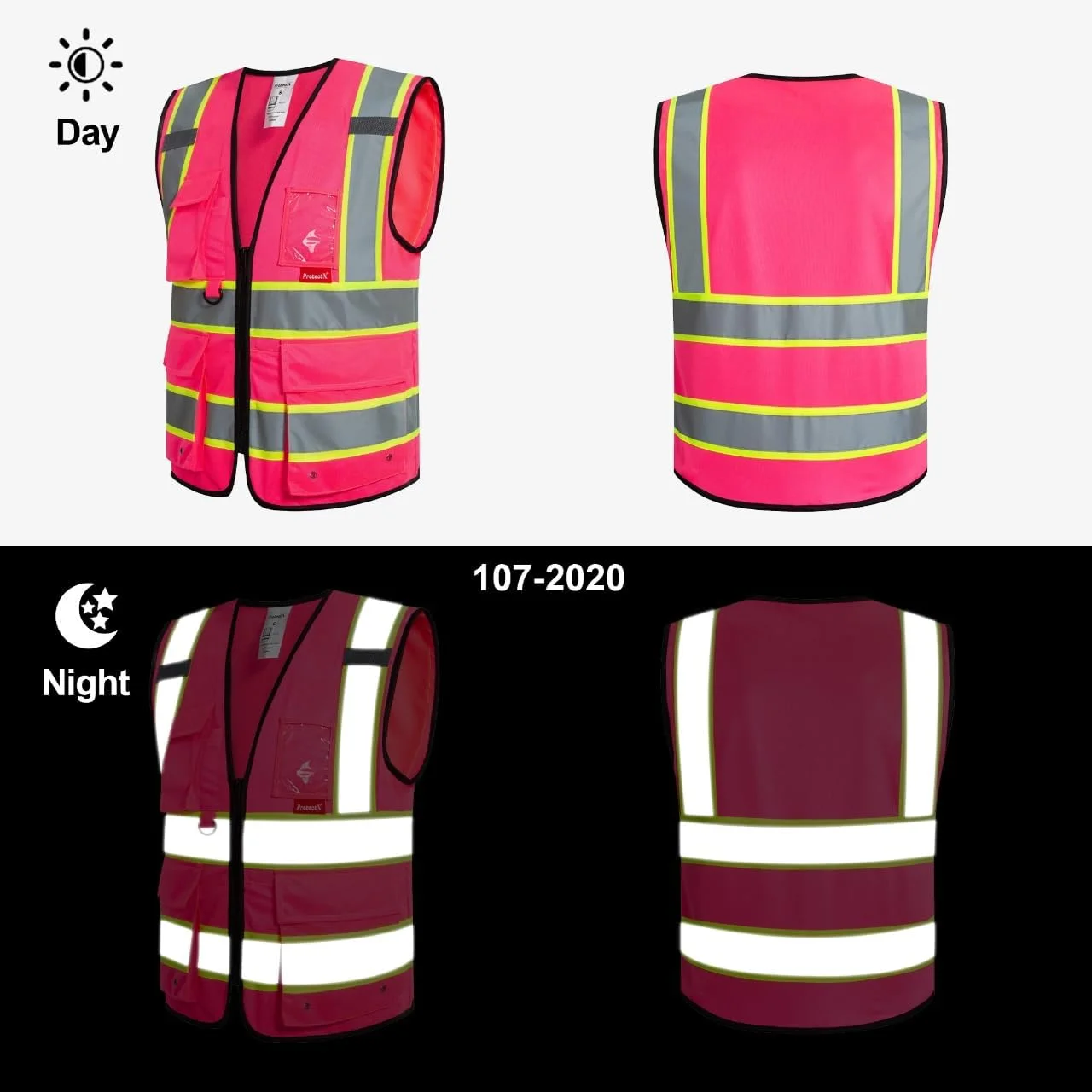 جلیقه ایمنی 9 جیب ProtectX برای مردان و زنان، جلیقه بازتابنده دید بالا برای کار ساختمانی کلاس 2