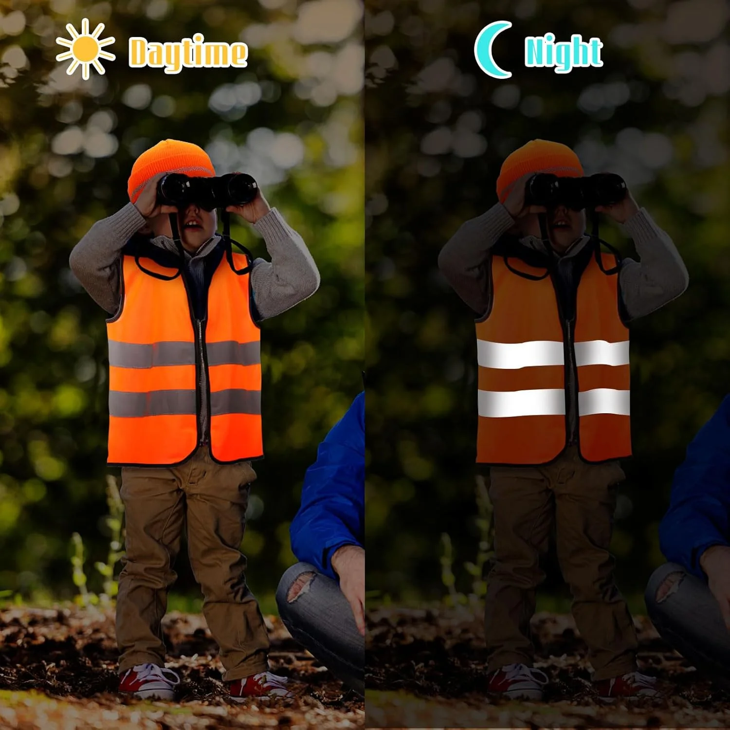 ست جلیقه شکار نارنجی و کلاه بافتنی برای کودکان (2 تکه) لباس شکار بازتابنده با دید بالا جلیقه های ایمنی نارنجی آتشین برای ساخت و ساز، لباس دویدن، پیاده روی شبانه، پیاده روی، پسران و دختران در فضای باز