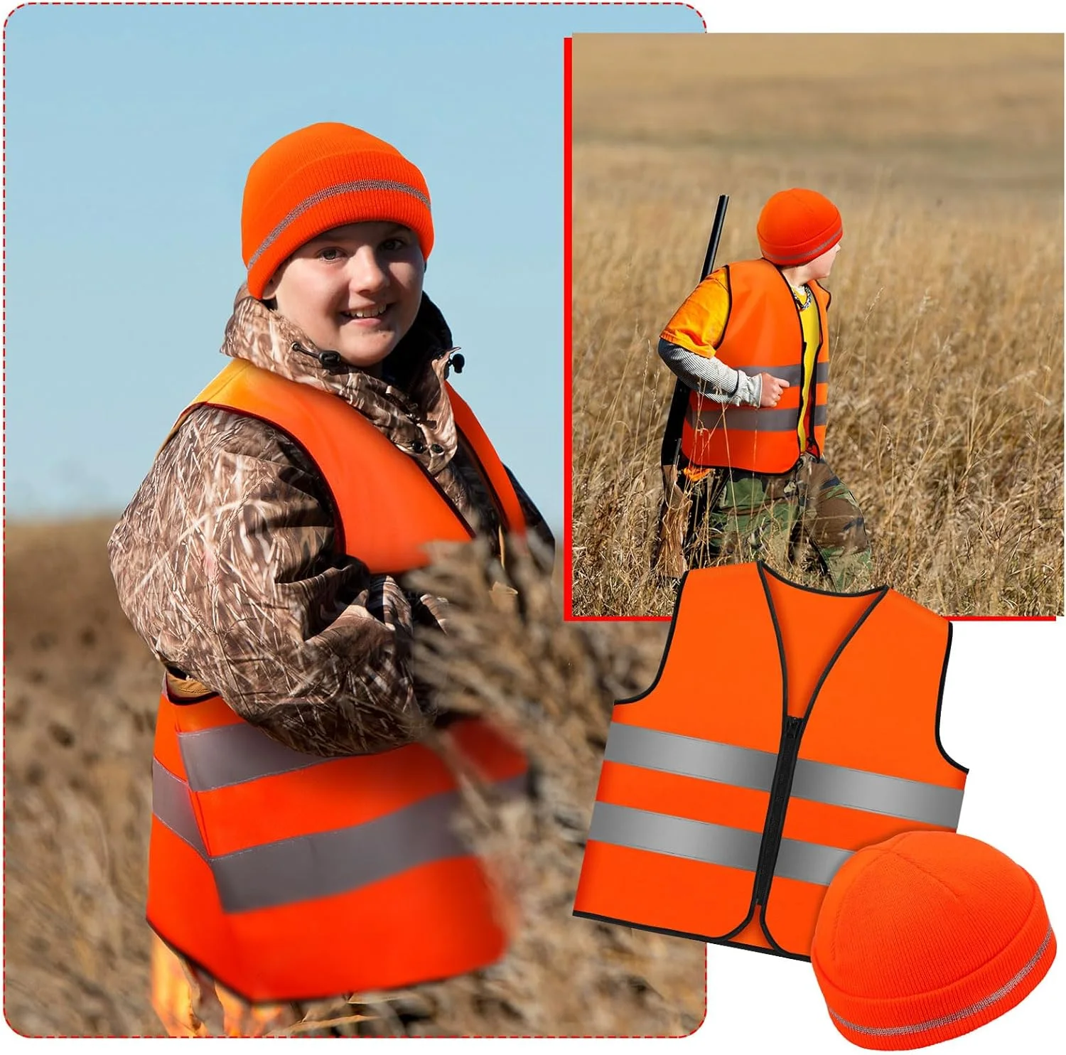 ست جلیقه شکار نارنجی و کلاه بافتنی برای کودکان (2 تکه) لباس شکار بازتابنده با دید بالا جلیقه های ایمنی نارنجی آتشین برای ساخت و ساز، لباس دویدن، پیاده روی شبانه، پیاده روی، پسران و دختران در فضای باز