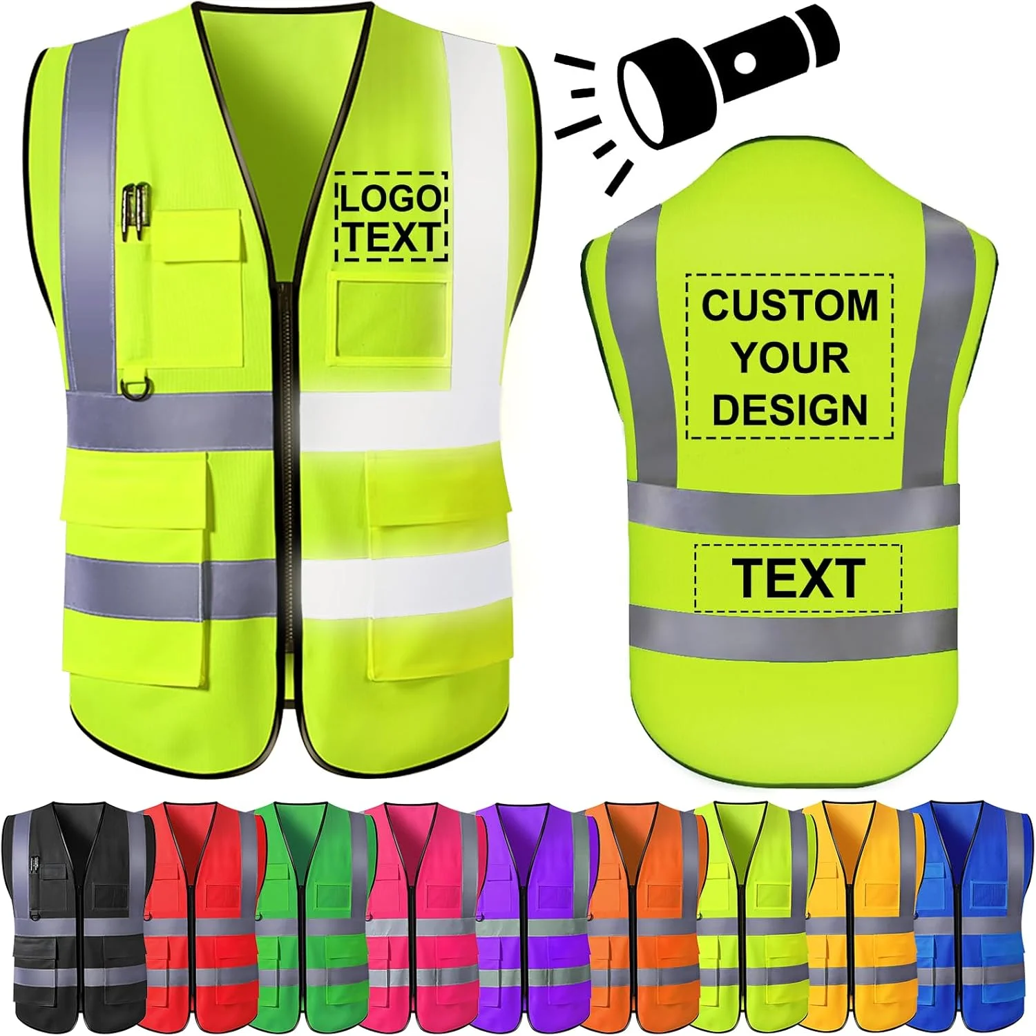 جلیقه ایمنی سفارشی PFTPOW مردانه، لباس کار دید بالا با نوار بازتابنده و 5 جیب