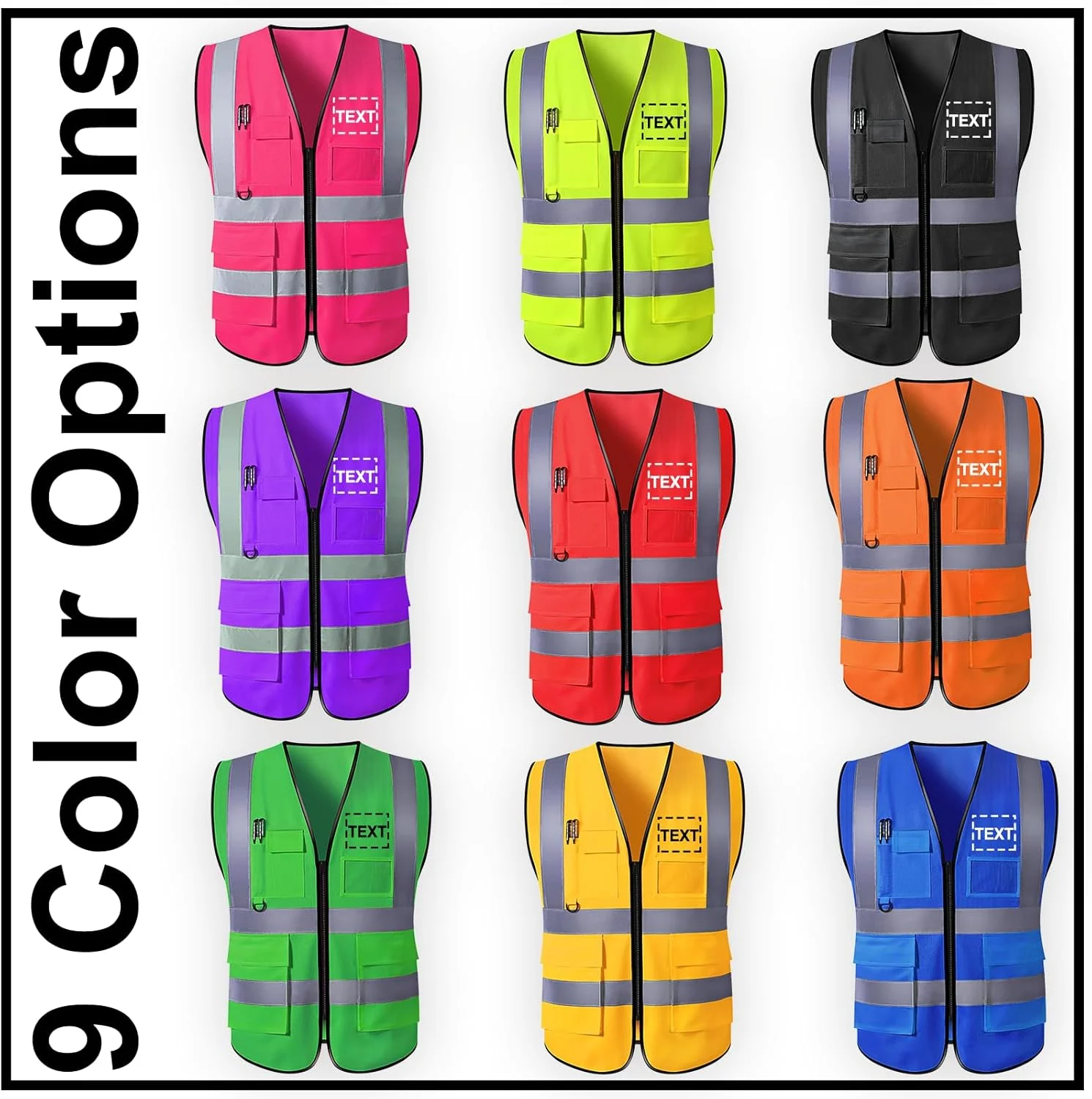 جلیقه ایمنی سفارشی PFTPOW مردانه، لباس کار دید بالا با نوار بازتابنده و 5 جیب