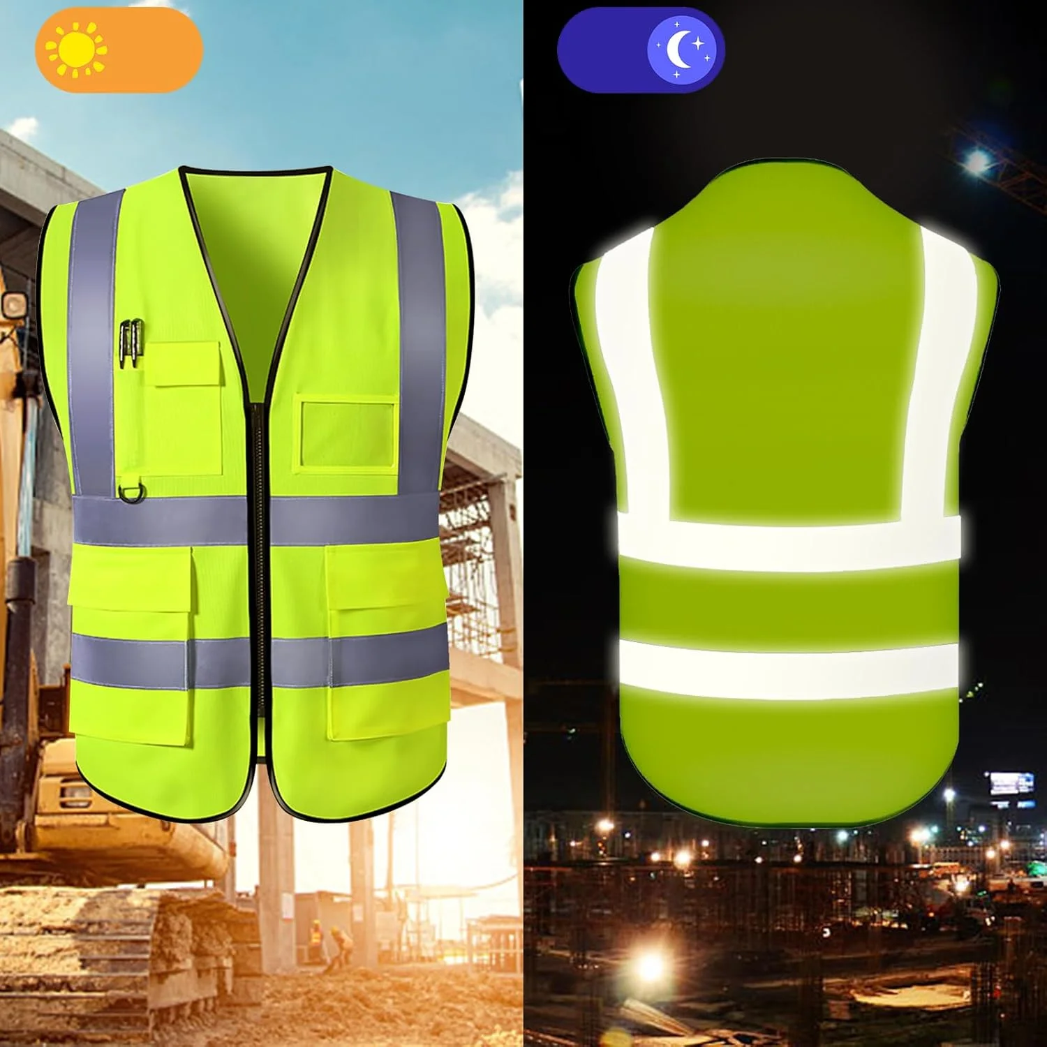 جلیقه ایمنی سفارشی PFTPOW مردانه، لباس کار دید بالا با نوار بازتابنده و 5 جیب