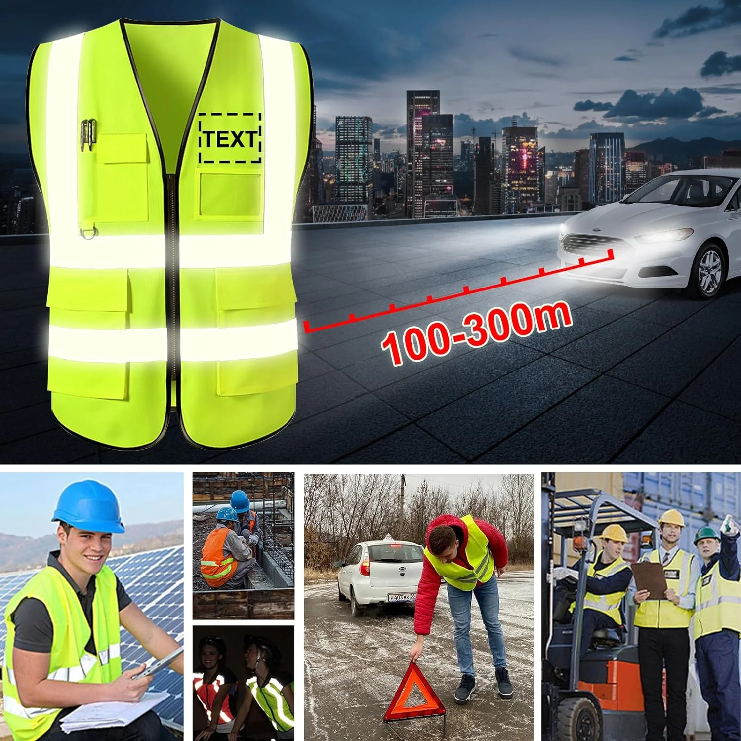 جلیقه ایمنی سفارشی PFTPOW مردانه، لباس کار دید بالا با نوار بازتابنده و 5 جیب