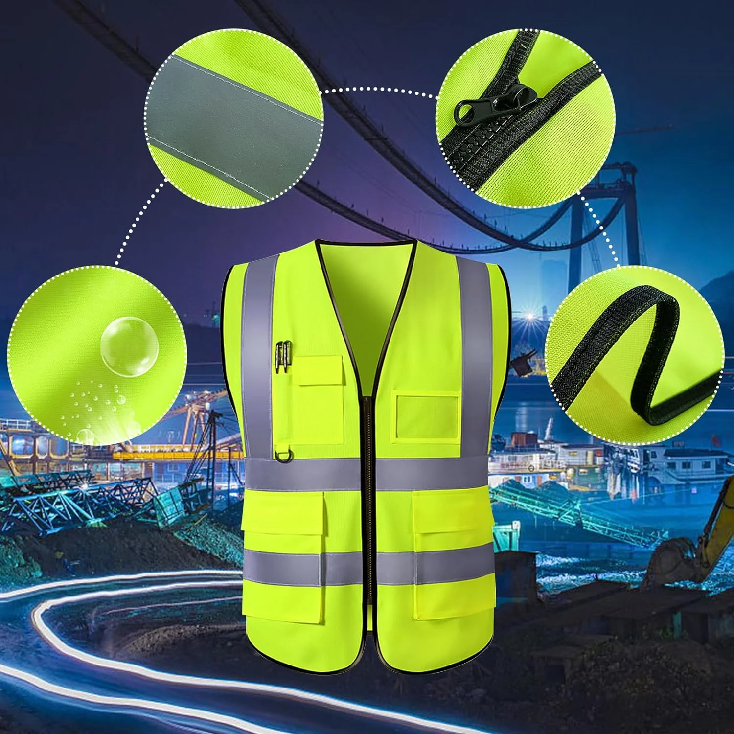 جلیقه ایمنی سفارشی PFTPOW مردانه، لباس کار دید بالا با نوار بازتابنده و 5 جیب