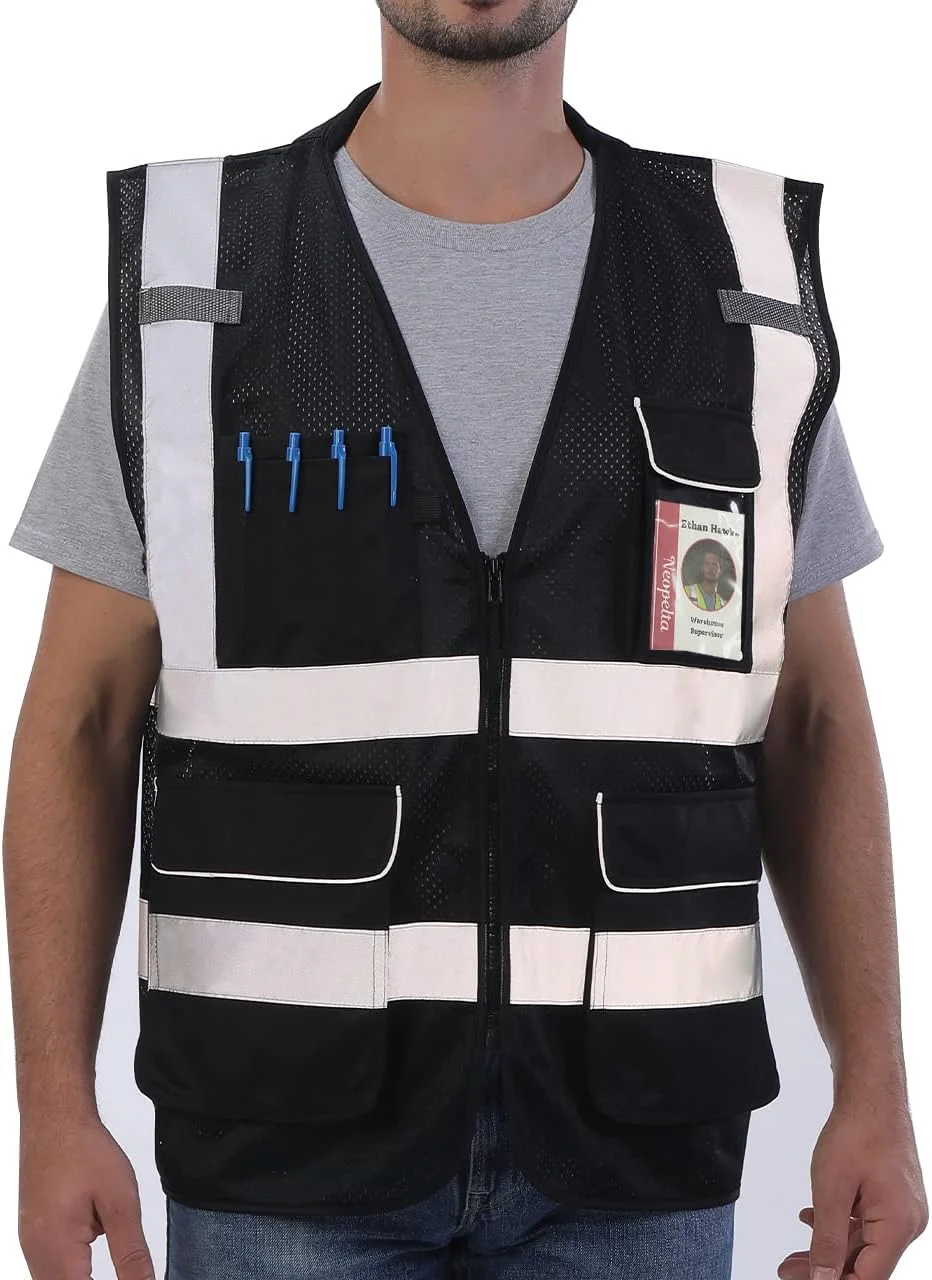 جلیقه ایمنی بازتابنده نئوپلتا، توری زرد، جلیقه دید بالا با جیب و زیپ، جلیقه ساختمانی ANSI کلاس 2