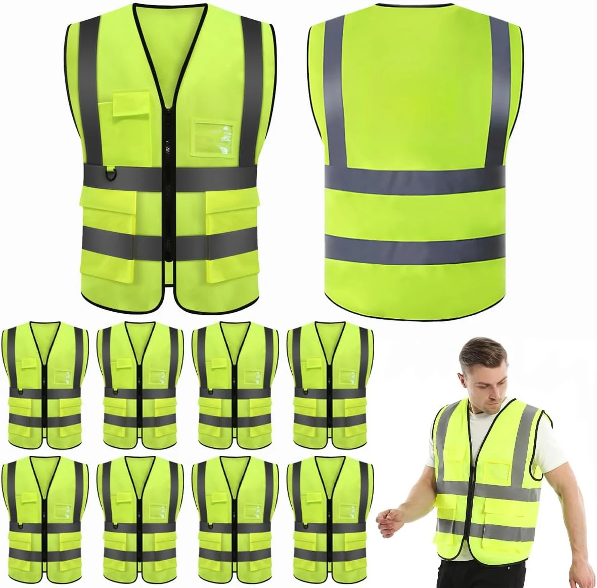 بایگیتیو بسته 10 عددی جلیقه ایمنی شبرنگ برای کار زنان و مردان، جلیقه امنیتی دید بالا با جیب و زیپ، جلیقه کار نئون تنفسی برای ساخت و ساز، کار، دویدن در فضای باز و دوچرخه سواری