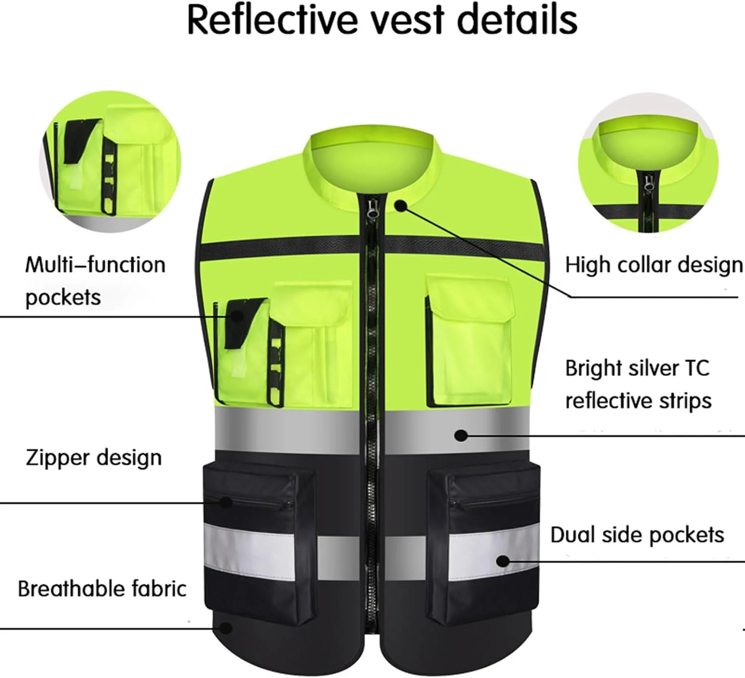 دو عدد جلیقه ایمنی فلورسنت، جلیقه کار شبانه унисекс، دارای زیپ، جیب و نوارهای بازتابنده، برای ساخت و ساز، نقشه برداری، دویدن در شب، سوارکاری