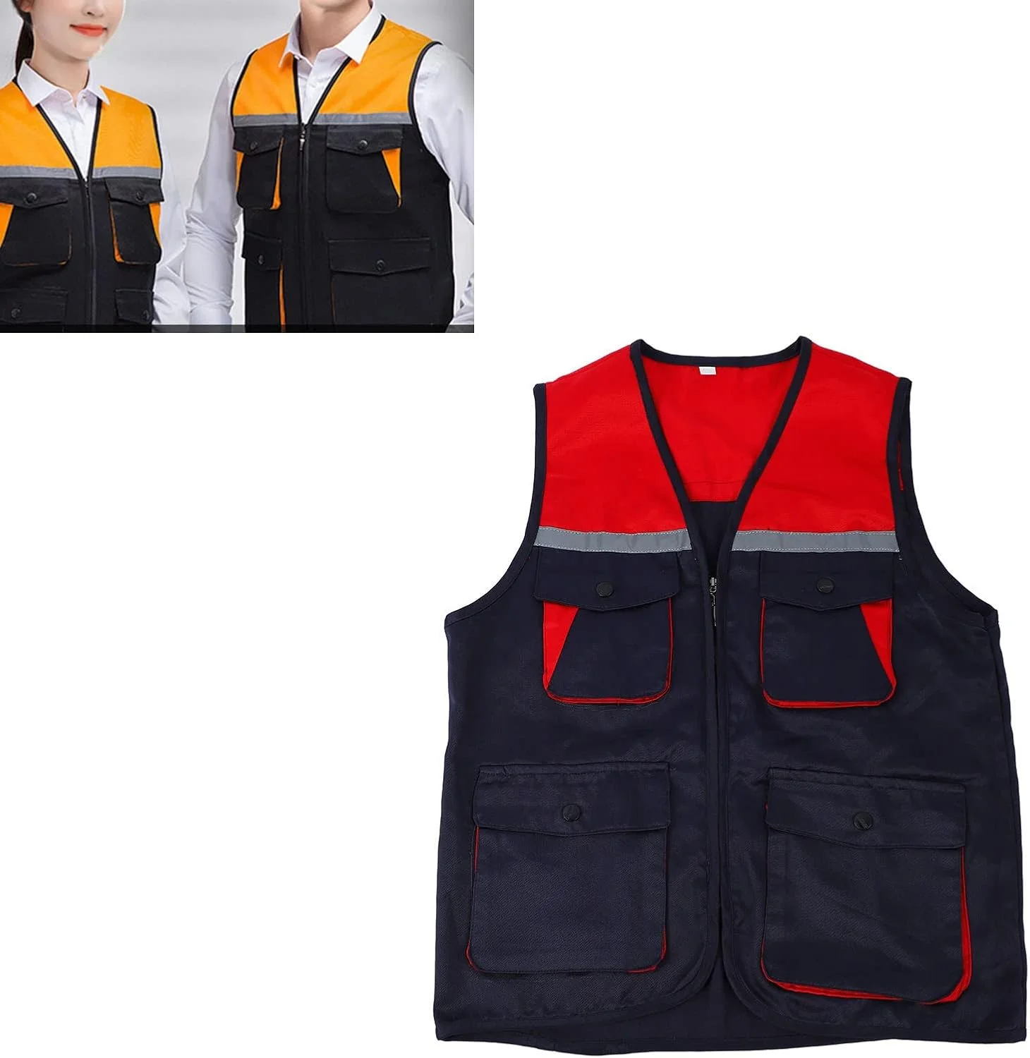 جلیقه کار بازتابنده با 4 جیب، جلیقه کار زیپ دار جلو، جلیقه ایمنی دید بالا با نوارهای بازتابنده برای مردان و زنان، جلیقه کار نوار بازتابنده برای مواقع اضطراری (XXL)