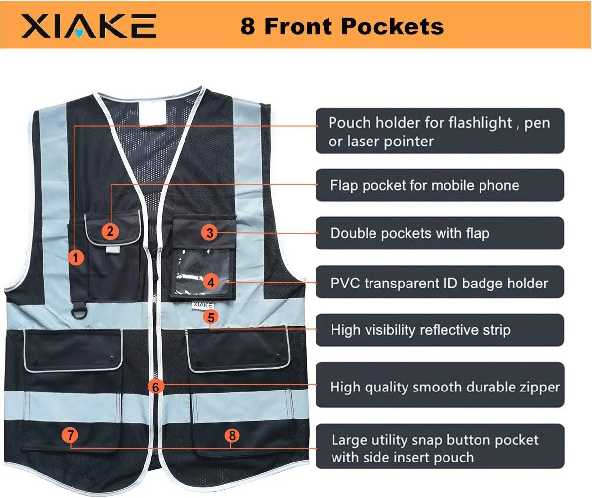 XIAKE Reflective Safety Vest for Men & Women High Visibility Class 2 Vest with Pockets Meets ANSI Standards