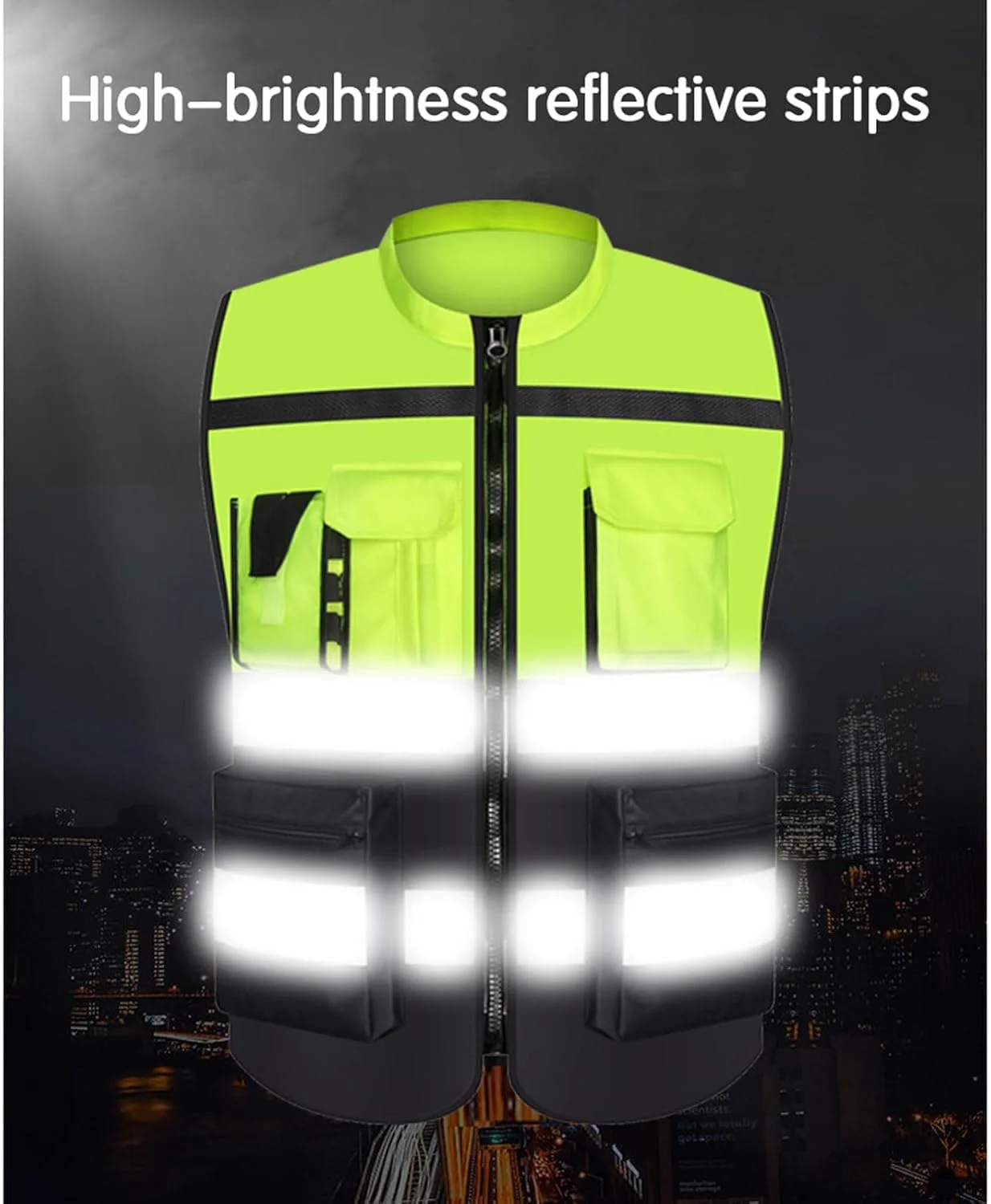 دو عدد جلیقه ایمنی فلورسنت، جلیقه کار شبانه унисекс، دارای زیپ، جیب و نوارهای بازتابنده، برای ساخت و ساز، نقشه برداری، دویدن در شب، سوارکاری
