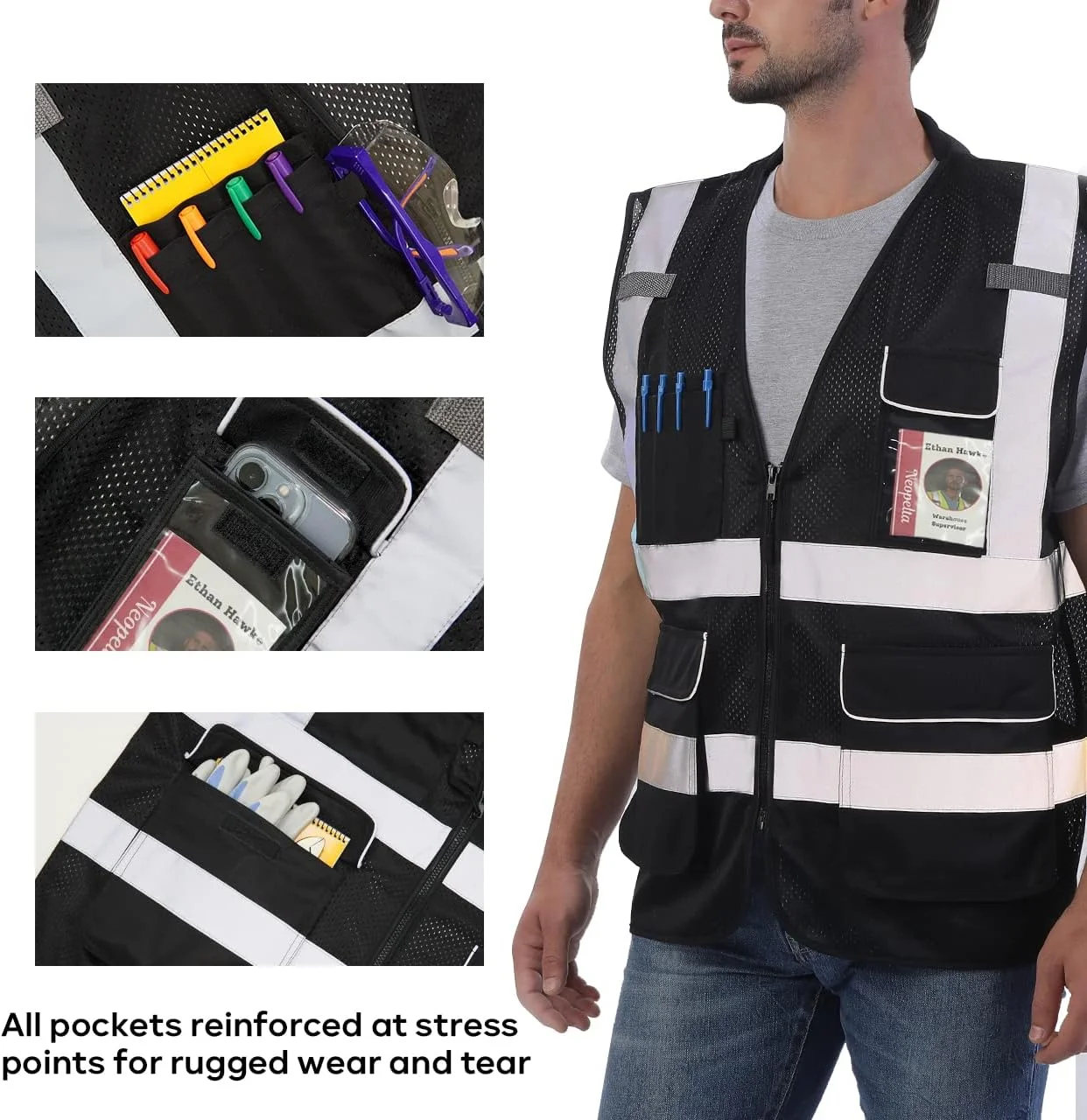 جلیقه ایمنی بازتابنده نئوپلتا، توری زرد، جلیقه دید بالا با جیب و زیپ، جلیقه ساختمانی ANSI کلاس 2 جلیقه ایمنی بازتابنده نئوپلتا، توری زرد، جلیقه دید بالا با جیب و زیپ، جلیقه ساختمانی ANSI کلاس 2