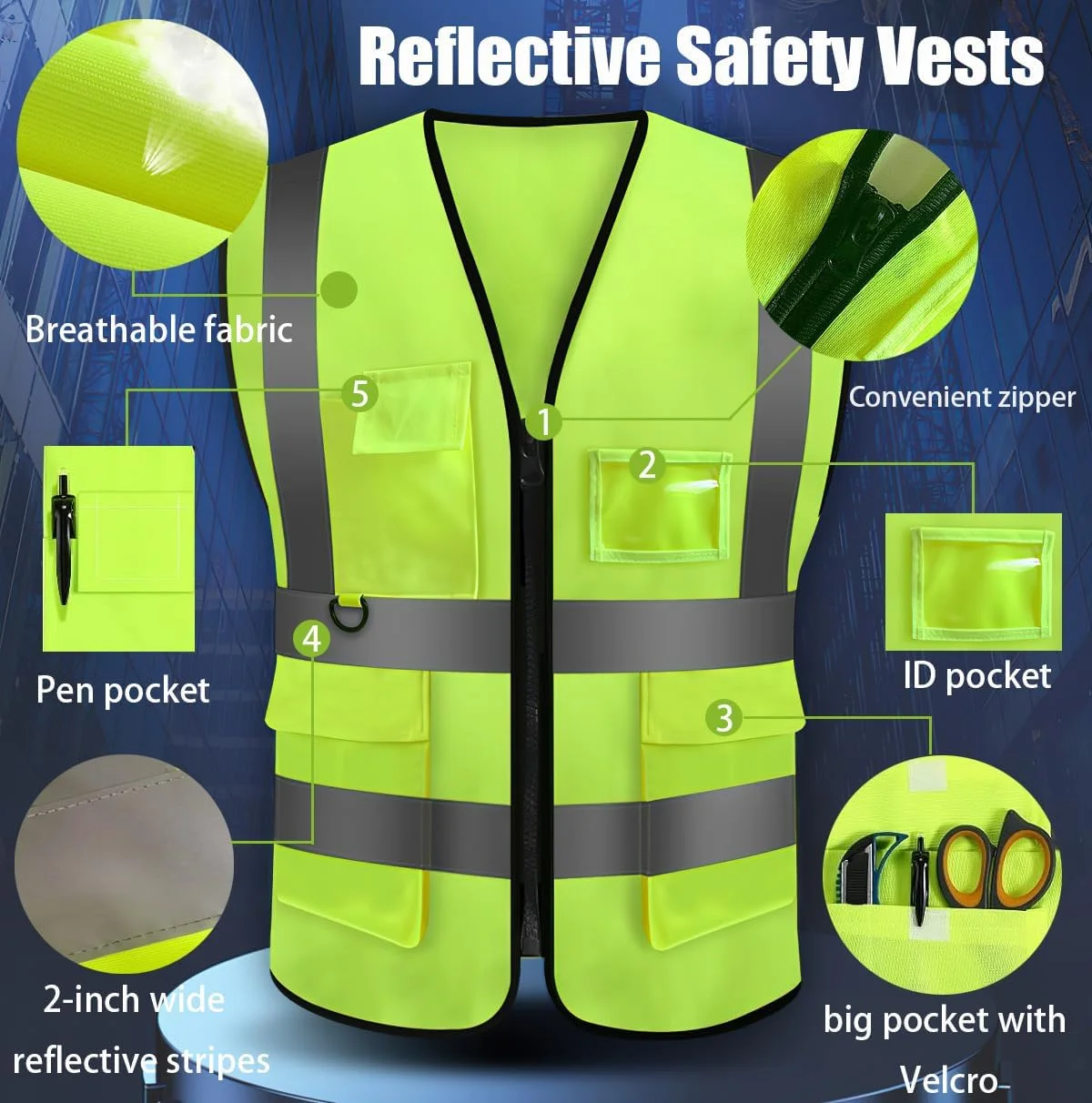 بایگیتیو بسته 10 عددی جلیقه ایمنی شبرنگ برای کار زنان و مردان، جلیقه امنیتی دید بالا با جیب و زیپ، جلیقه کار نئون تنفسی برای ساخت و ساز، کار، دویدن در فضای باز و دوچرخه سواری