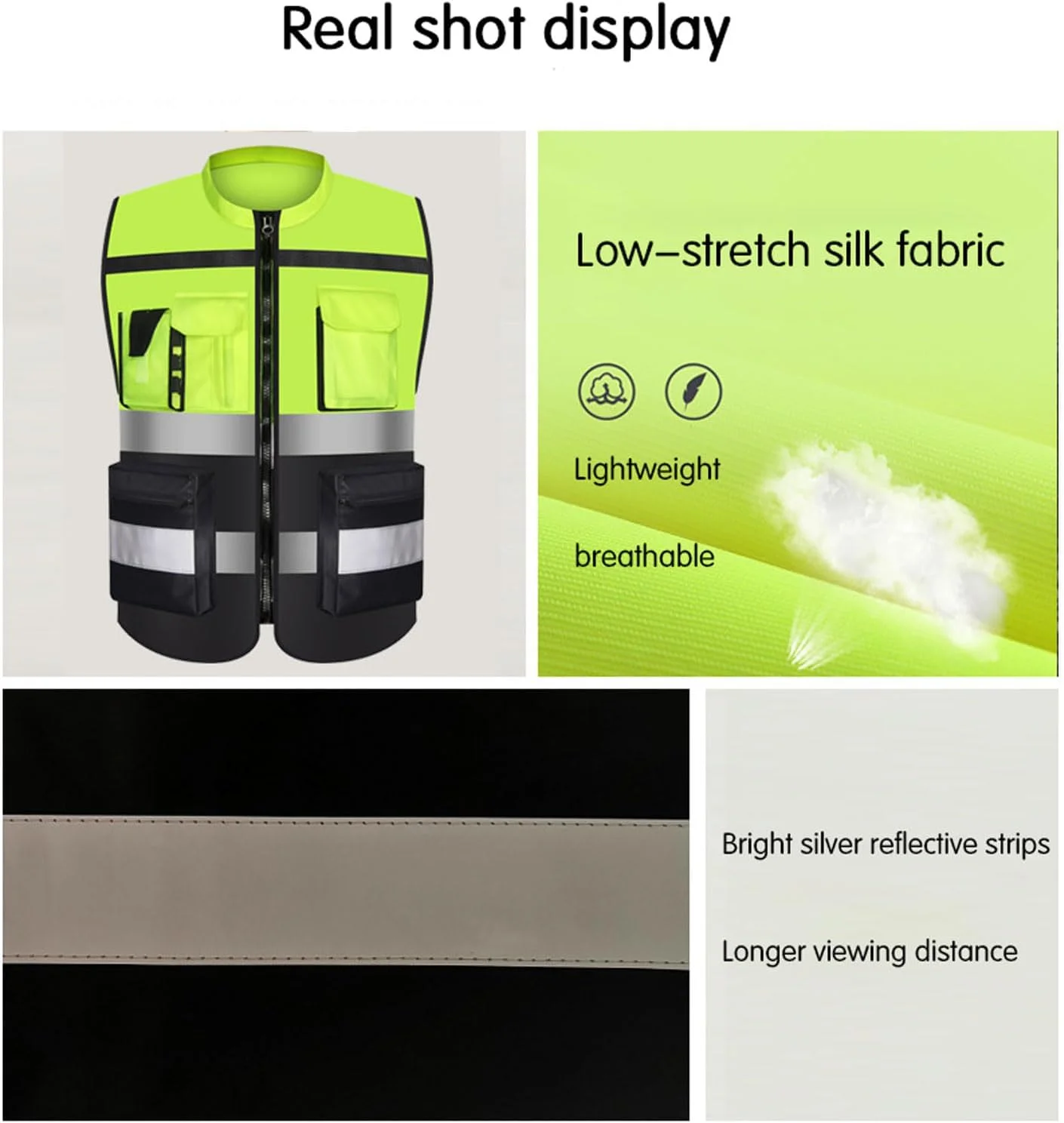 دو عدد جلیقه ایمنی فلورسنت، جلیقه کار شبانه унисекс، دارای زیپ، جیب و نوارهای بازتابنده، برای ساخت و ساز، نقشه برداری، دویدن در شب، سوارکاری