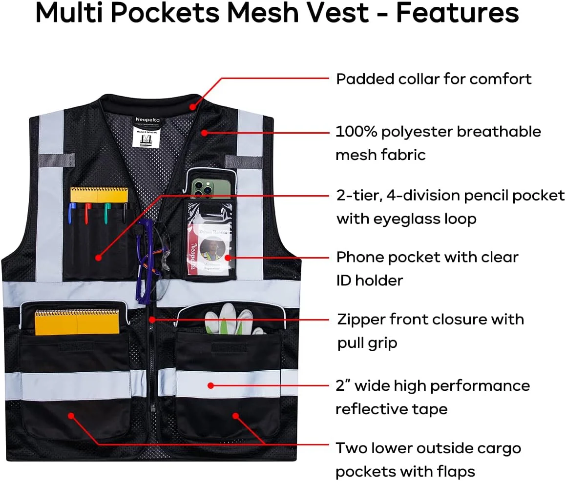 جلیقه ایمنی بازتابنده نئوپلتا، توری زرد، جلیقه دید بالا با جیب و زیپ، جلیقه ساختمانی ANSI کلاس 2 جلیقه ایمنی بازتابنده نئوپلتا، توری زرد، جلیقه دید بالا با جیب و زیپ، جلیقه ساختمانی ANSI کلاس 2
