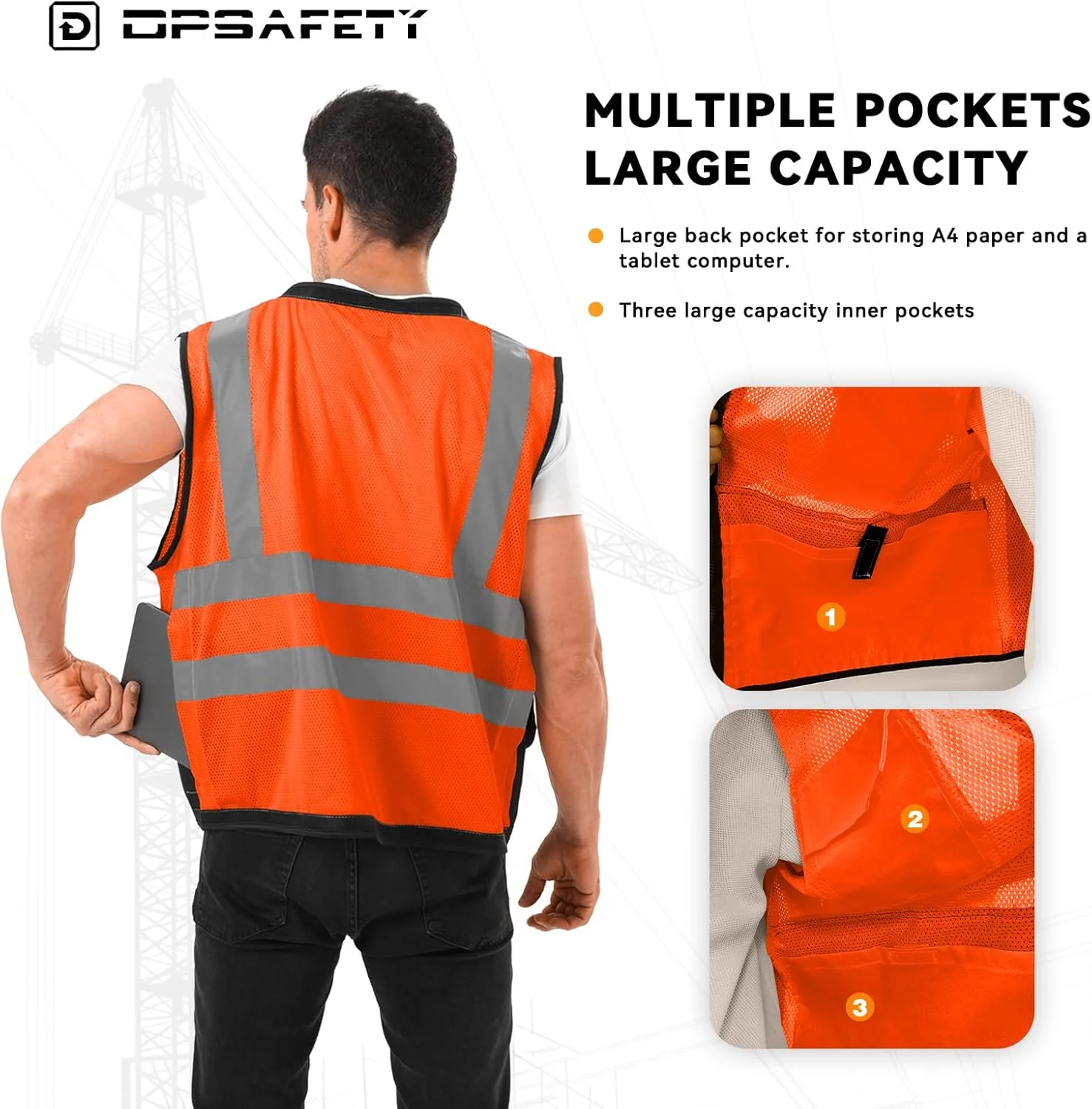 جلیقه ایمنی بازتابنده DPSAFETY با جیب پشتی برای نقشه، جلیقه کار ساختمانی با دید بالا
