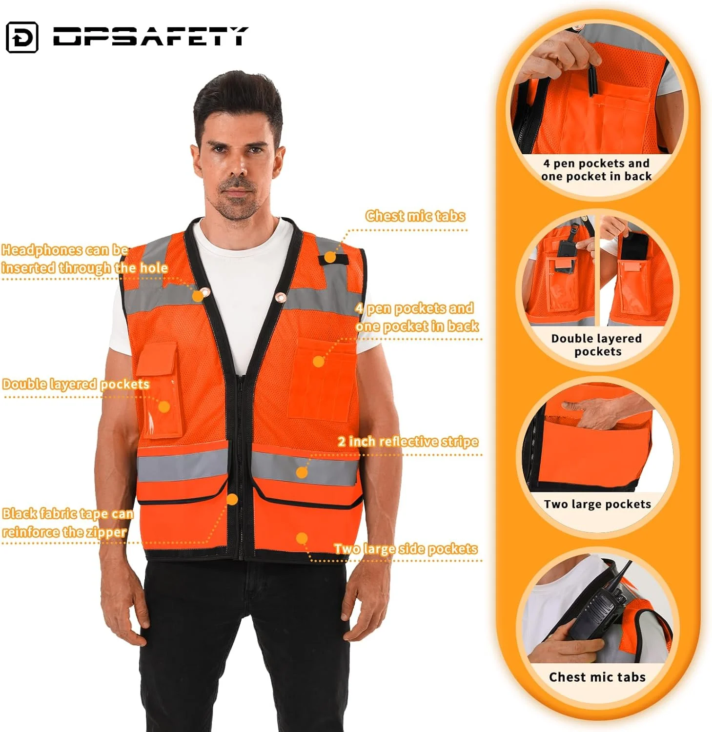 جلیقه ایمنی بازتابنده DPSAFETY با جیب پشتی برای نقشه، جلیقه کار ساختمانی با دید بالا