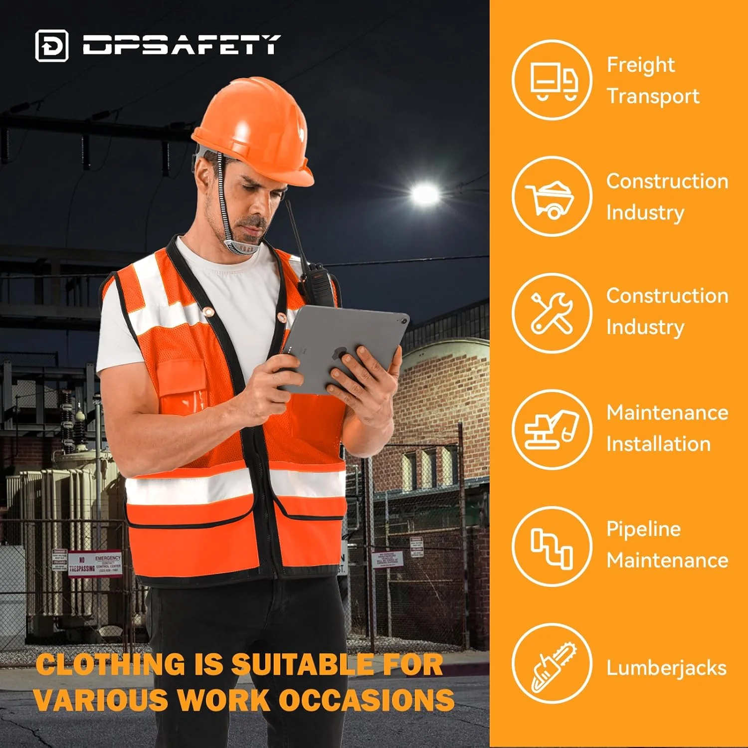 جلیقه ایمنی بازتابنده DPSAFETY با جیب پشتی برای نقشه، جلیقه کار ساختمانی با دید بالا