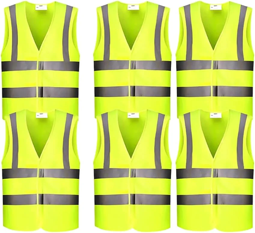 جلیقه ایمنی بازتابنده - ژاکت ایمنی هشدار دهنده تنفسی با دید بالا برای روز و شب، ترافیک، لباس ایمنی ساختمانی (بسته 6 عددی)