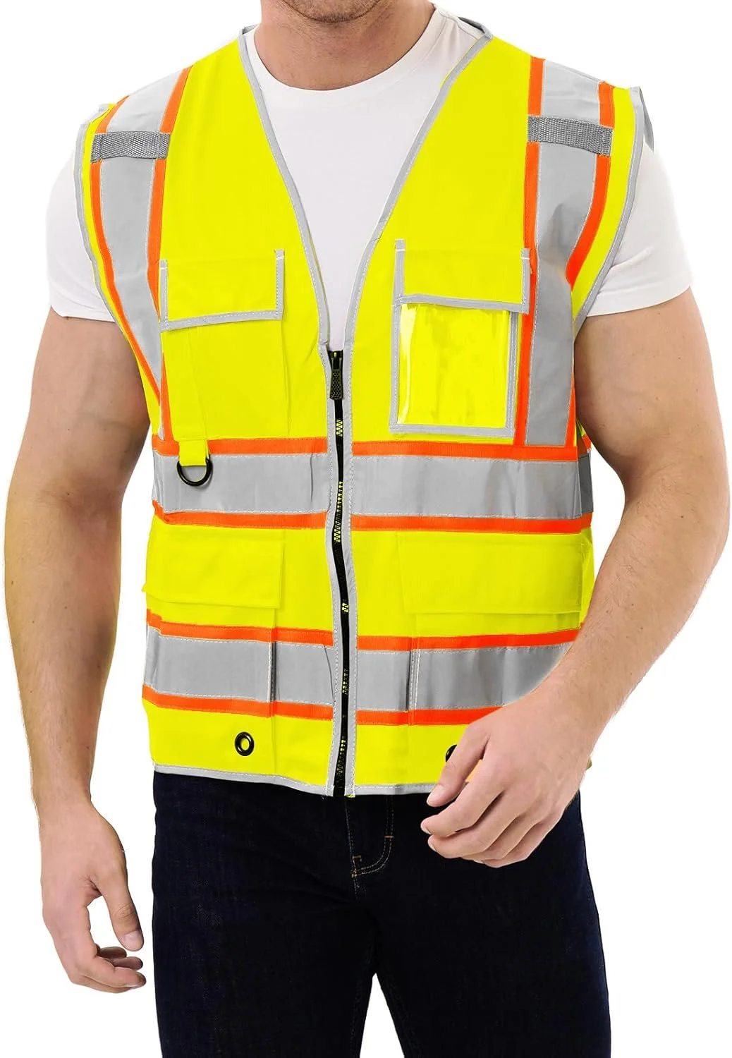 جلیقه ایمنی بازتابنده دید بالا SRSAFETY با 9 جیب، جلیقه کار ساختمانی بازتابنده دید بالا برای مردان و زنان مطابق با استاندارد ANSI/ISEA