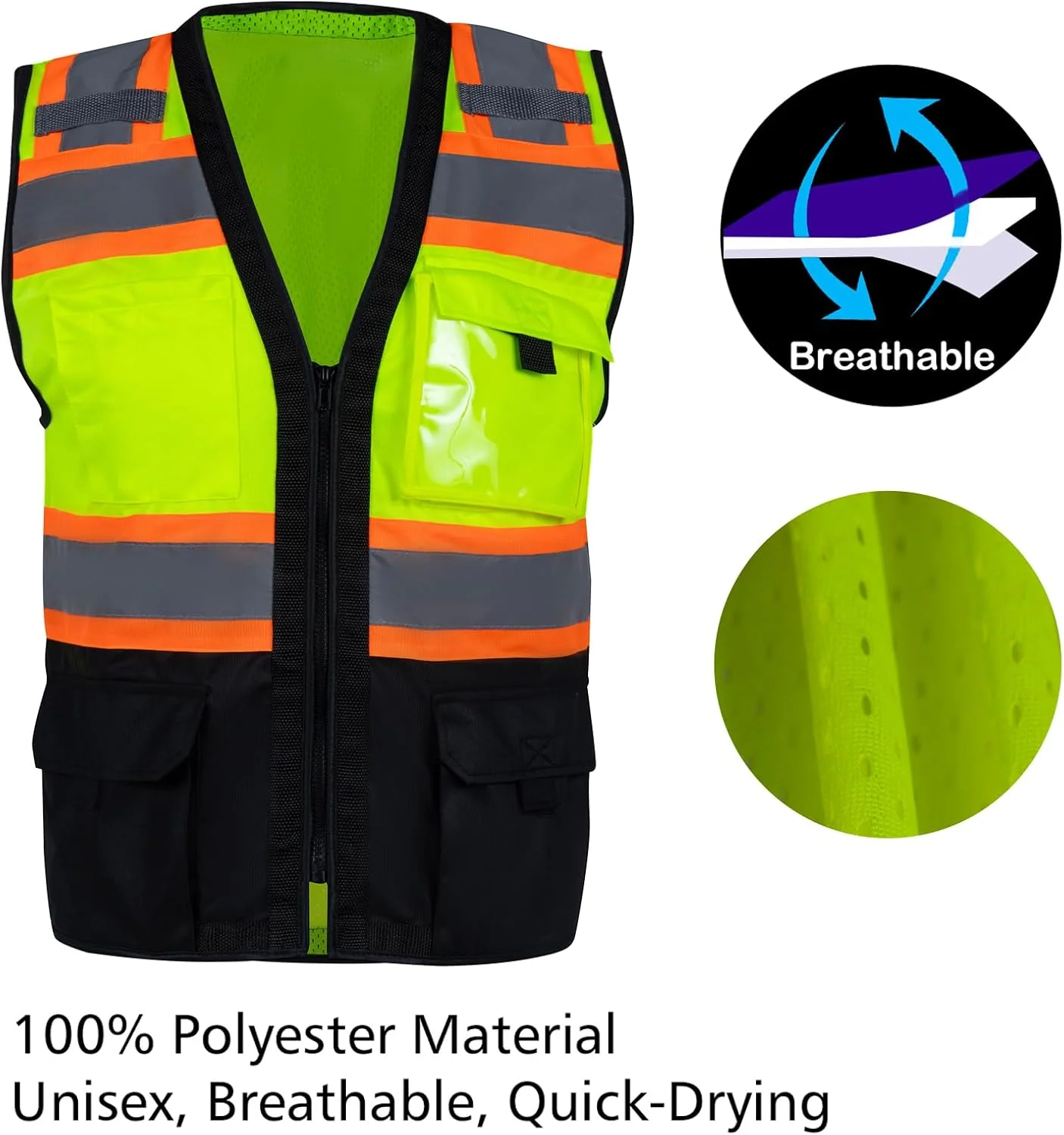 جلیقه ایمنی VENDACE، جلیقه بازتابنده دید بالا برای مردان با جیب، کلاس 2 ANSI، جلیقه کار ساختمانی با دید بالا