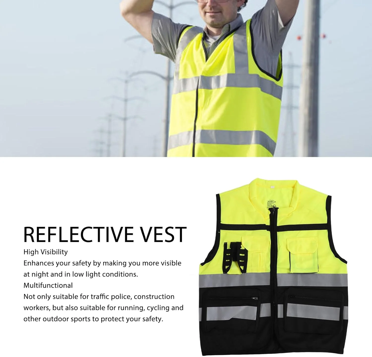 جلیقه ایمنی بازتابنده با دید بالا برای ترافیک، کارگران ساختمانی، دویدن و دوچرخه سواری، قابل تنظیم و جنس پارچه تار و پودی، شستشوی آسان (XL)