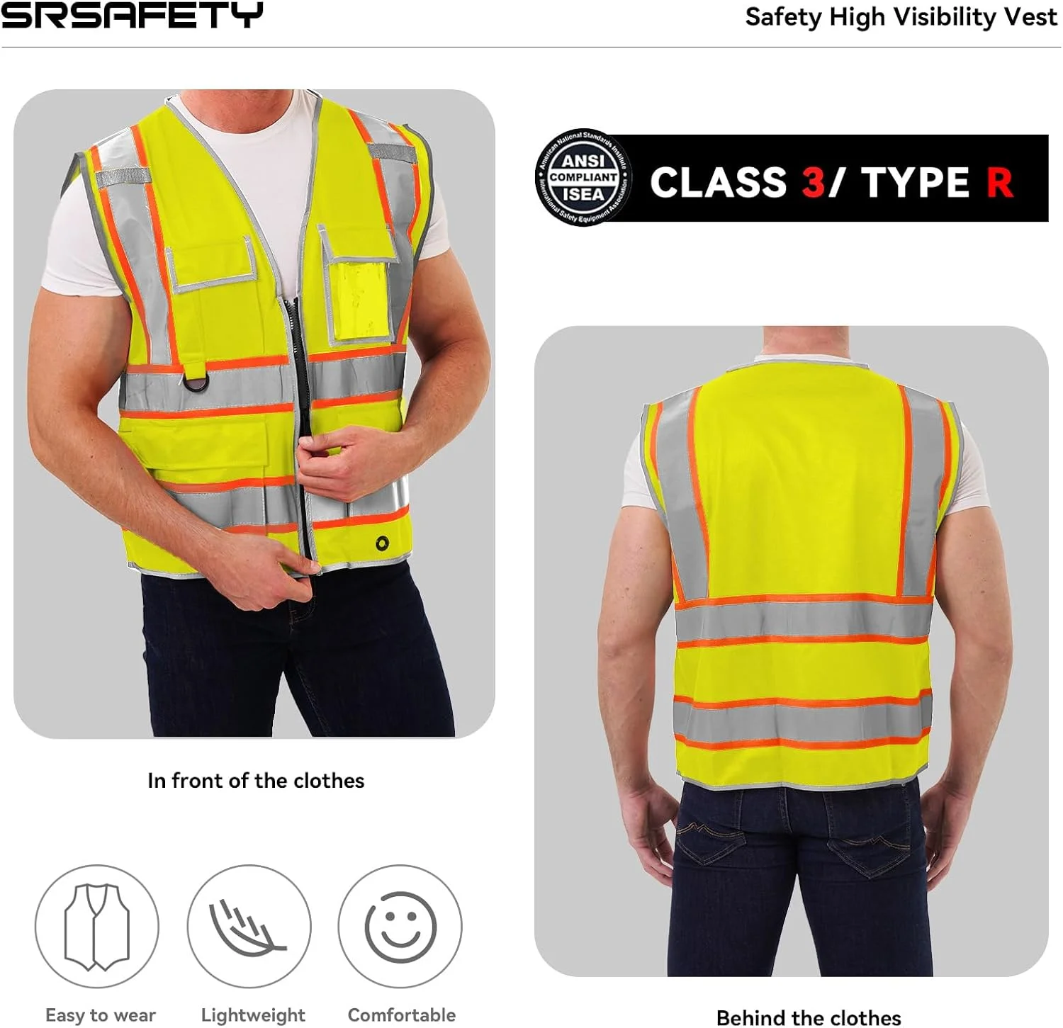 جلیقه ایمنی بازتابنده دید بالا SRSAFETY با 9 جیب، جلیقه کار ساختمانی بازتابنده دید بالا برای مردان و زنان مطابق با استاندارد ANSI/ISEA