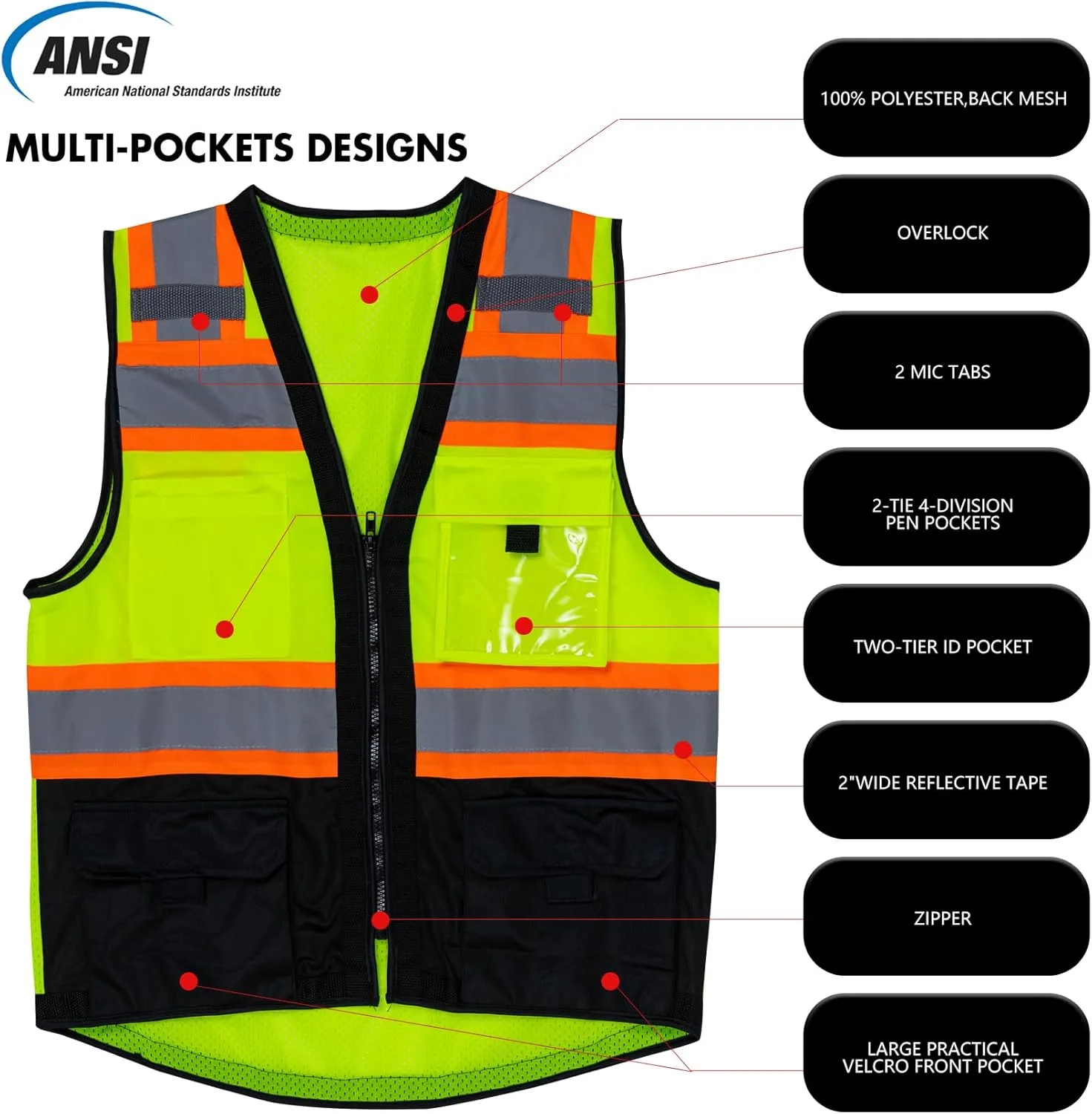 جلیقه ایمنی VENDACE، جلیقه بازتابنده دید بالا برای مردان با جیب، کلاس 2 ANSI، جلیقه کار ساختمانی با دید بالا