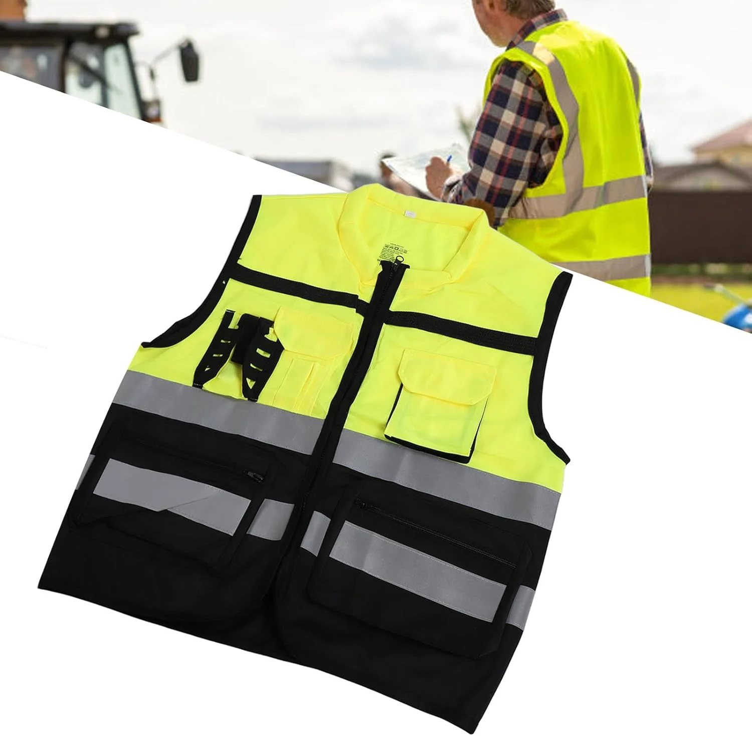 جلیقه ایمنی بازتابنده با دید بالا برای ترافیک، کارگران ساختمانی، دویدن و دوچرخه سواری، قابل تنظیم و جنس پارچه تار و پودی، شستشوی آسان (XL)