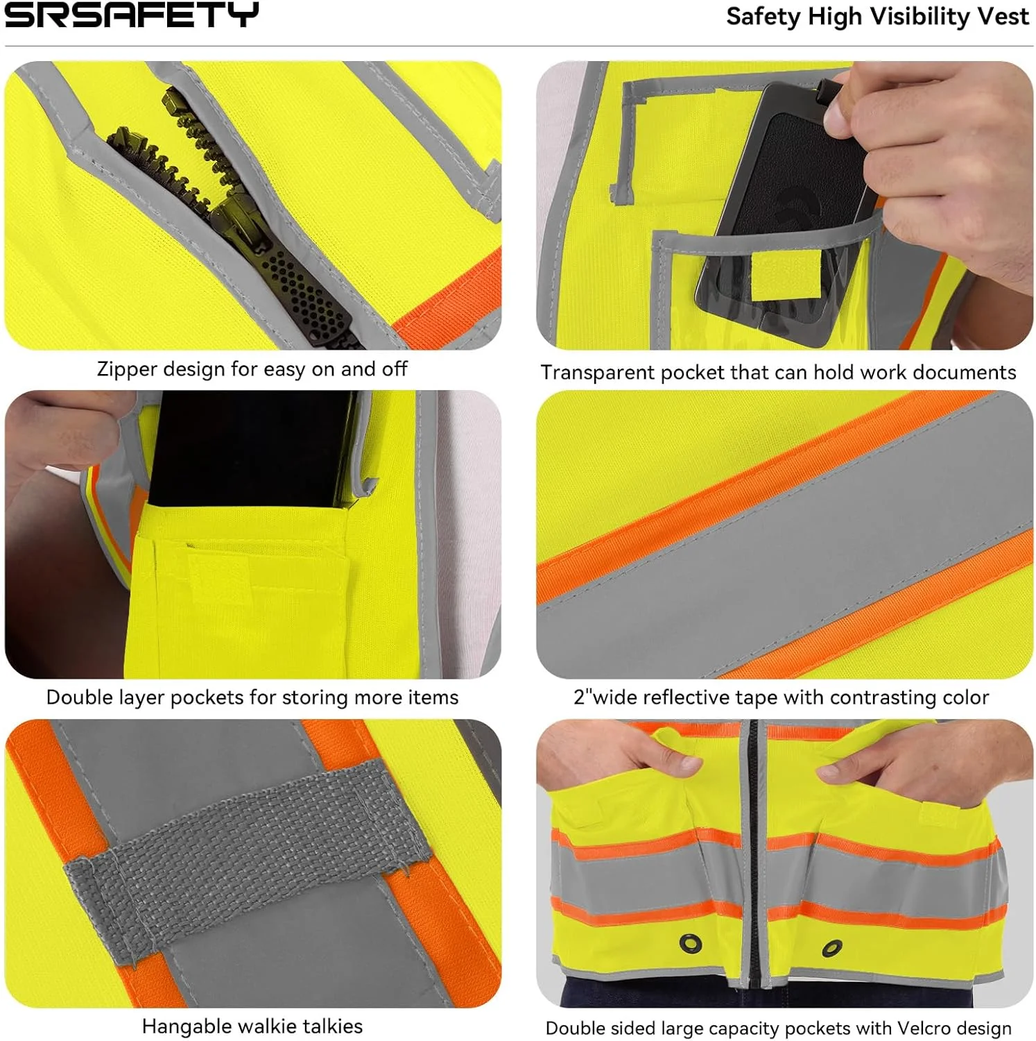 جلیقه ایمنی بازتابنده دید بالا SRSAFETY با 9 جیب، جلیقه کار ساختمانی بازتابنده دید بالا برای مردان و زنان مطابق با استاندارد ANSI/ISEA