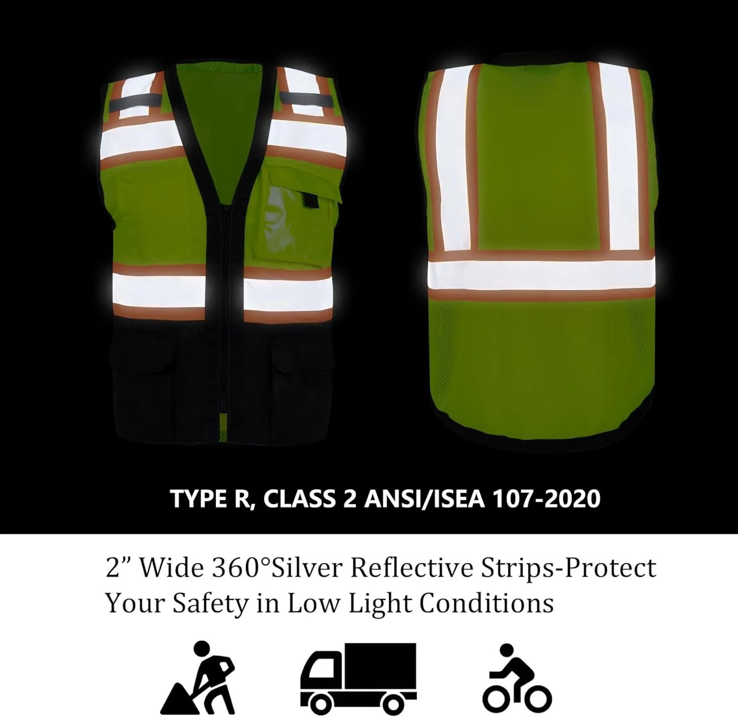 جلیقه ایمنی VENDACE، جلیقه بازتابنده دید بالا برای مردان با جیب، کلاس 2 ANSI، جلیقه کار ساختمانی با دید بالا
