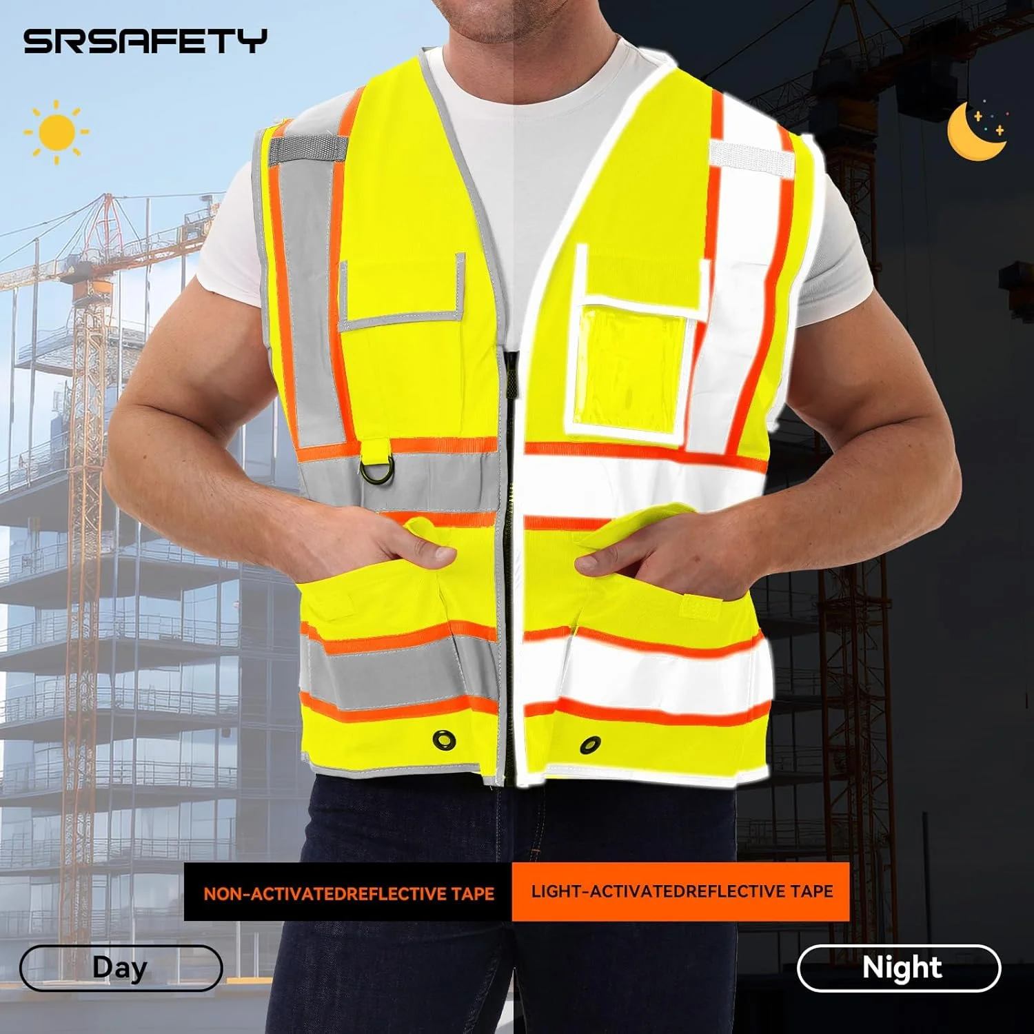 جلیقه ایمنی بازتابنده دید بالا SRSAFETY با 9 جیب، جلیقه کار ساختمانی بازتابنده دید بالا برای مردان و زنان مطابق با استاندارد ANSI/ISEA