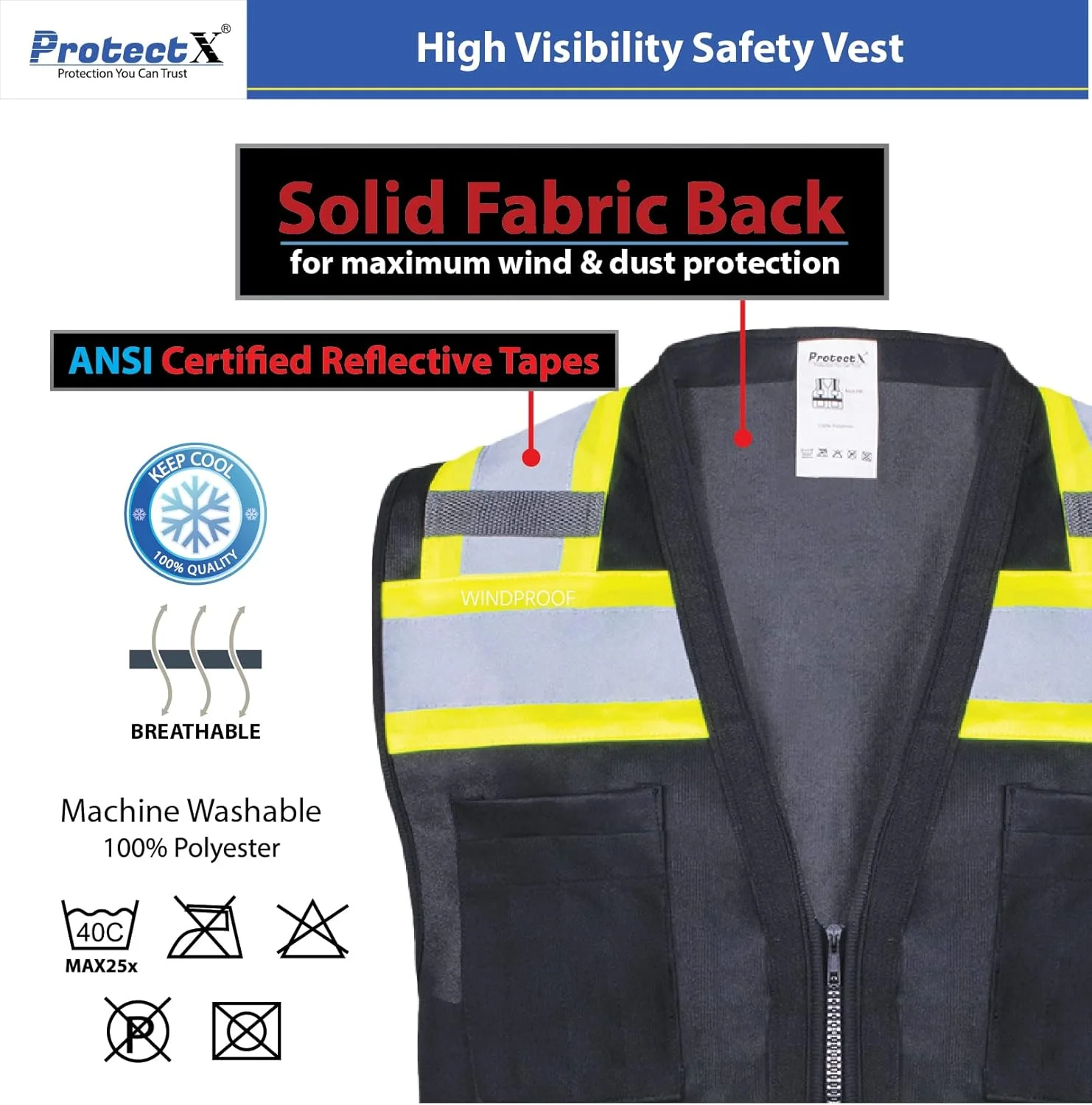 جلیقه ایمنی کار چند منظوره بزرگسالان ProtectX، زیپ دار و بازتابنده (بسته 1 عددی)